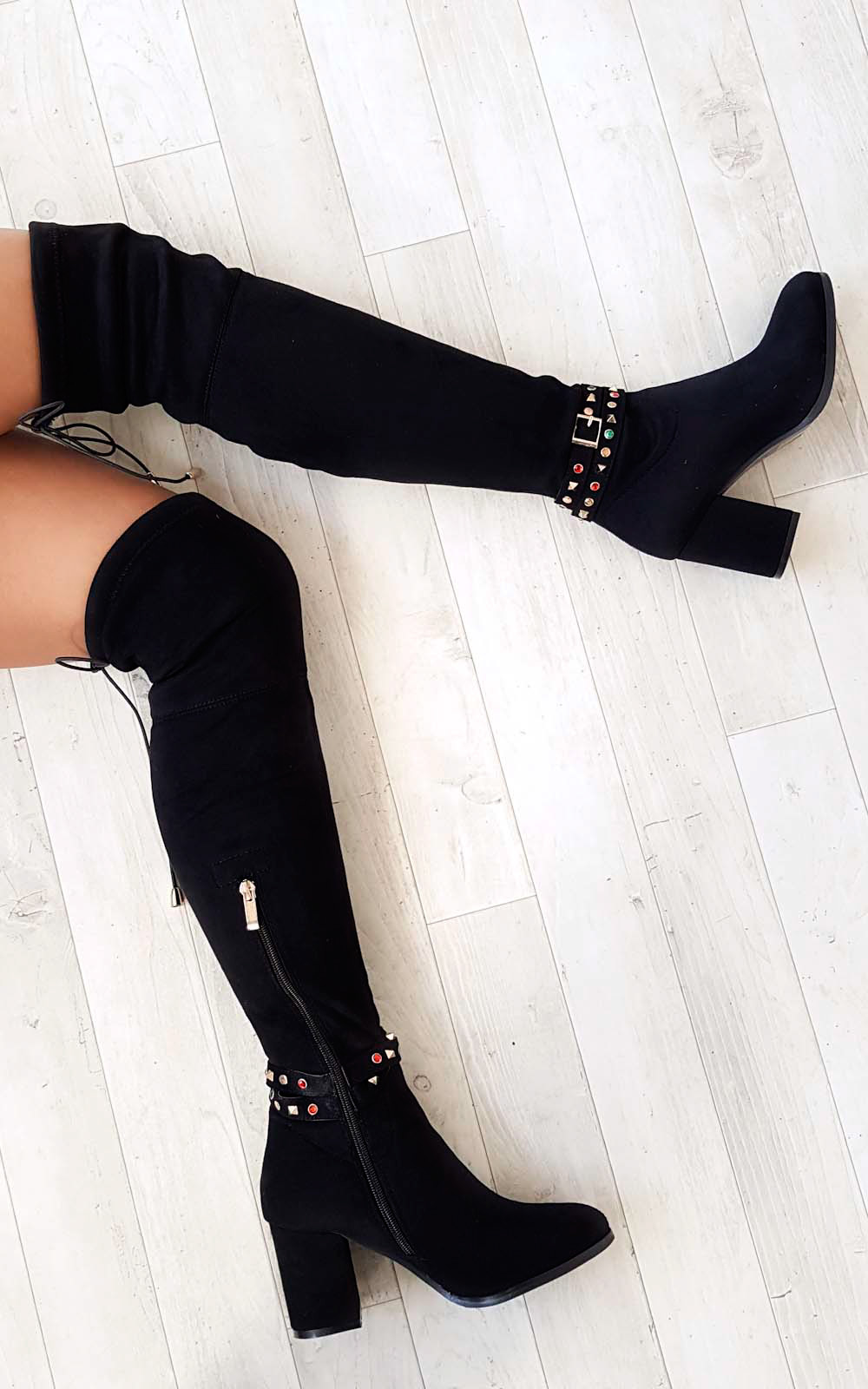 Abigail Faux Suede Gem Studded Knee High Boots Thumbnail