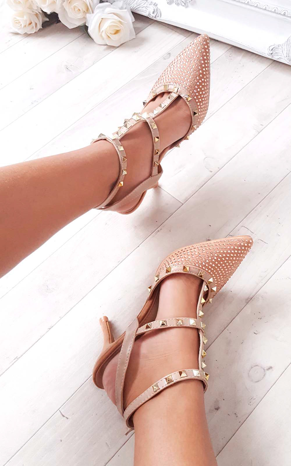 Ameria Multi Strap T-Bar Studded Embellished Court Heels