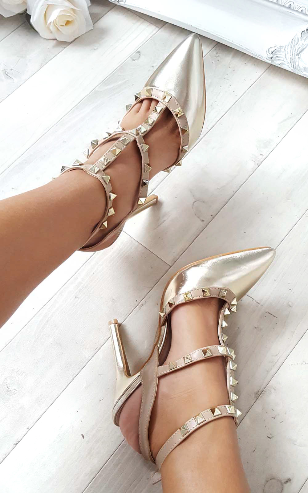 Kirsty Multi Strap T-Bar Studded Court Heels