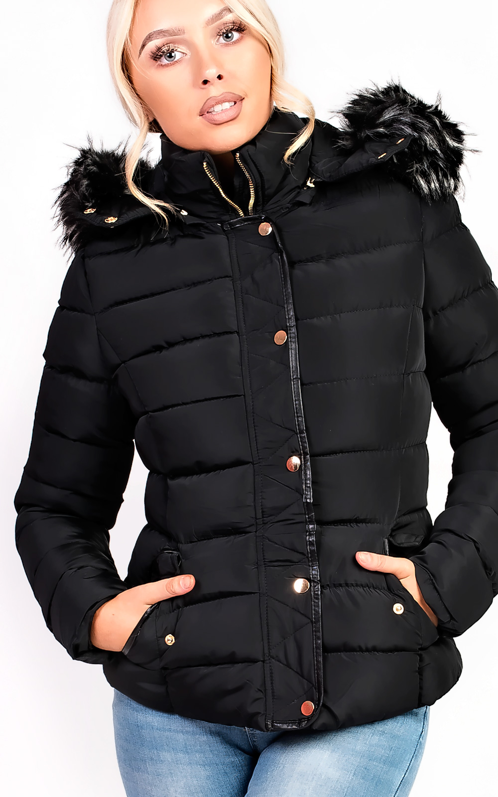 Selina Padded Faux Fur Popper Hooded Jacket Selina Padded Faux Fur Popper Hooded Jacket