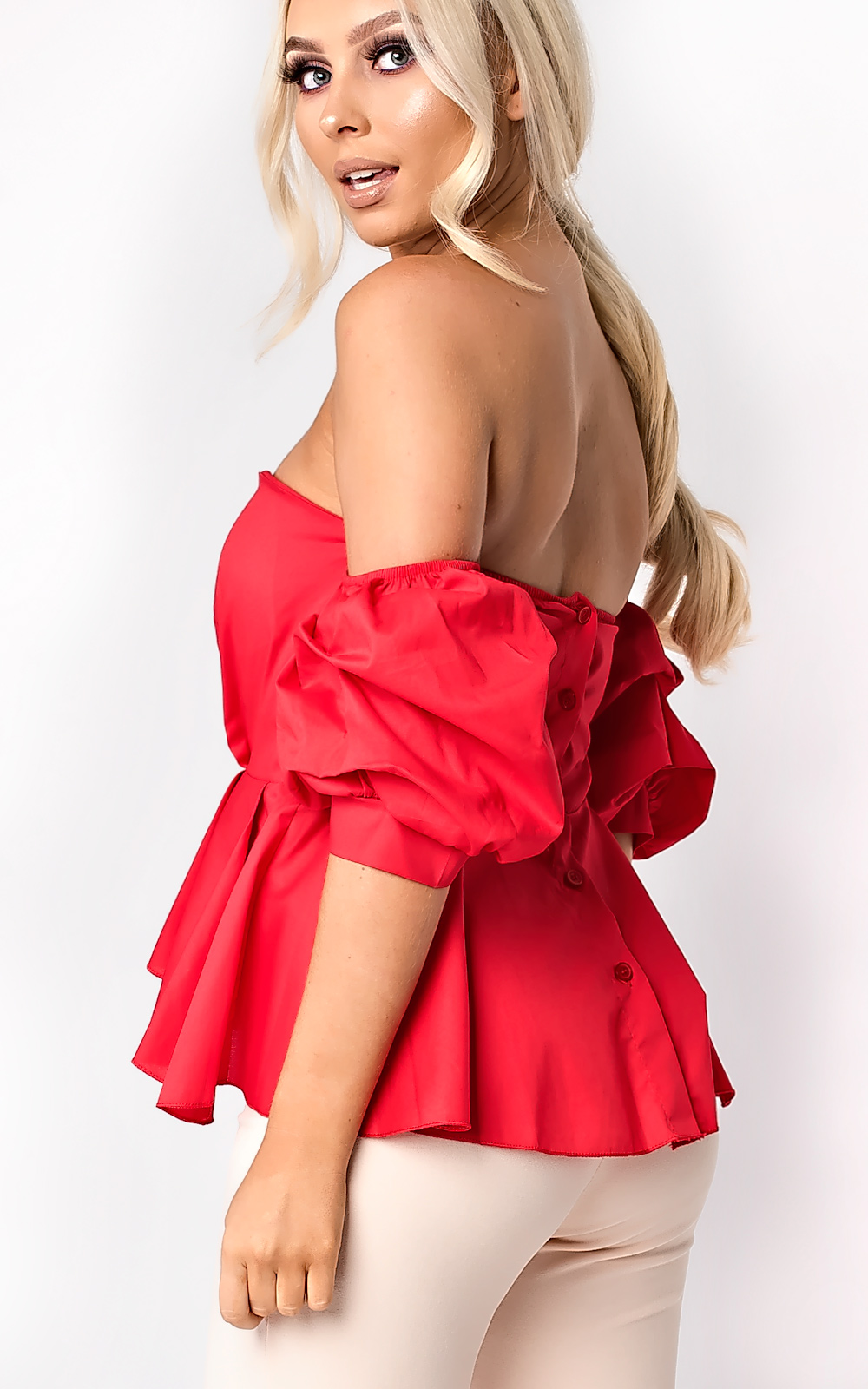 Beriska Bardot Ruffle Sleeve Peplum Top  Thumbnail