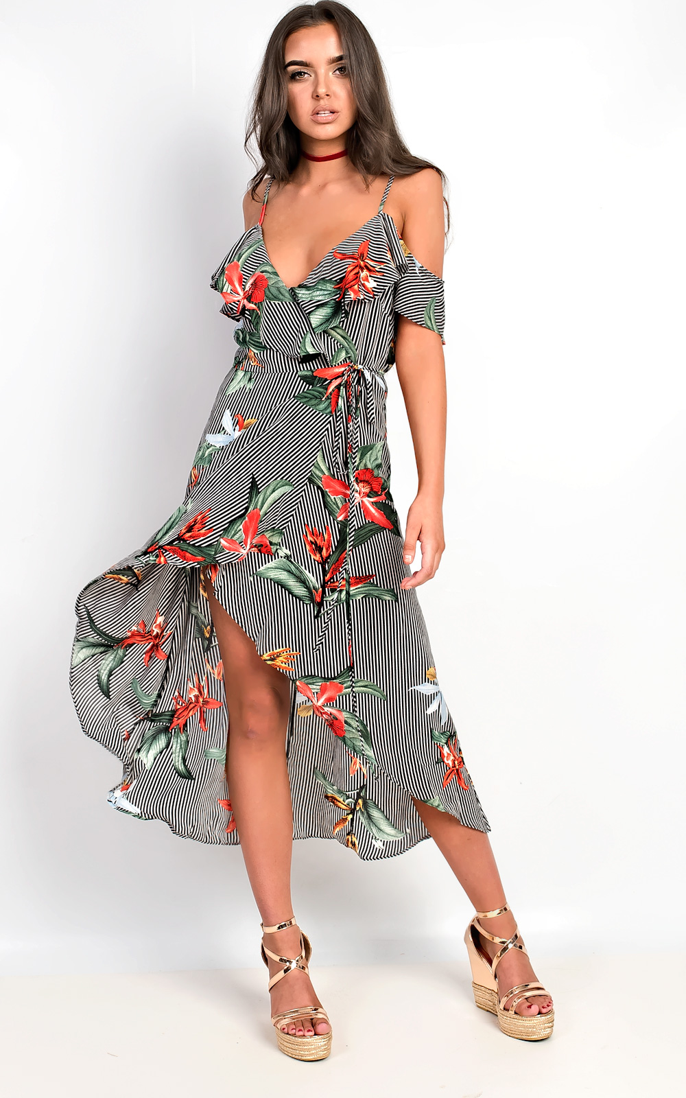 Julia Floral Frill Sleeve Wrap Front Midi Dress Thumbnail