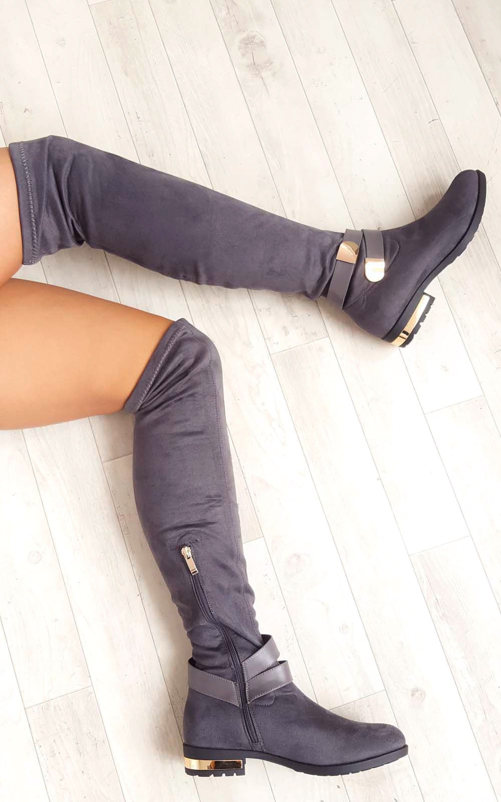 Irena Faux Suede Gold Bar Knee High Boots Thumbnail