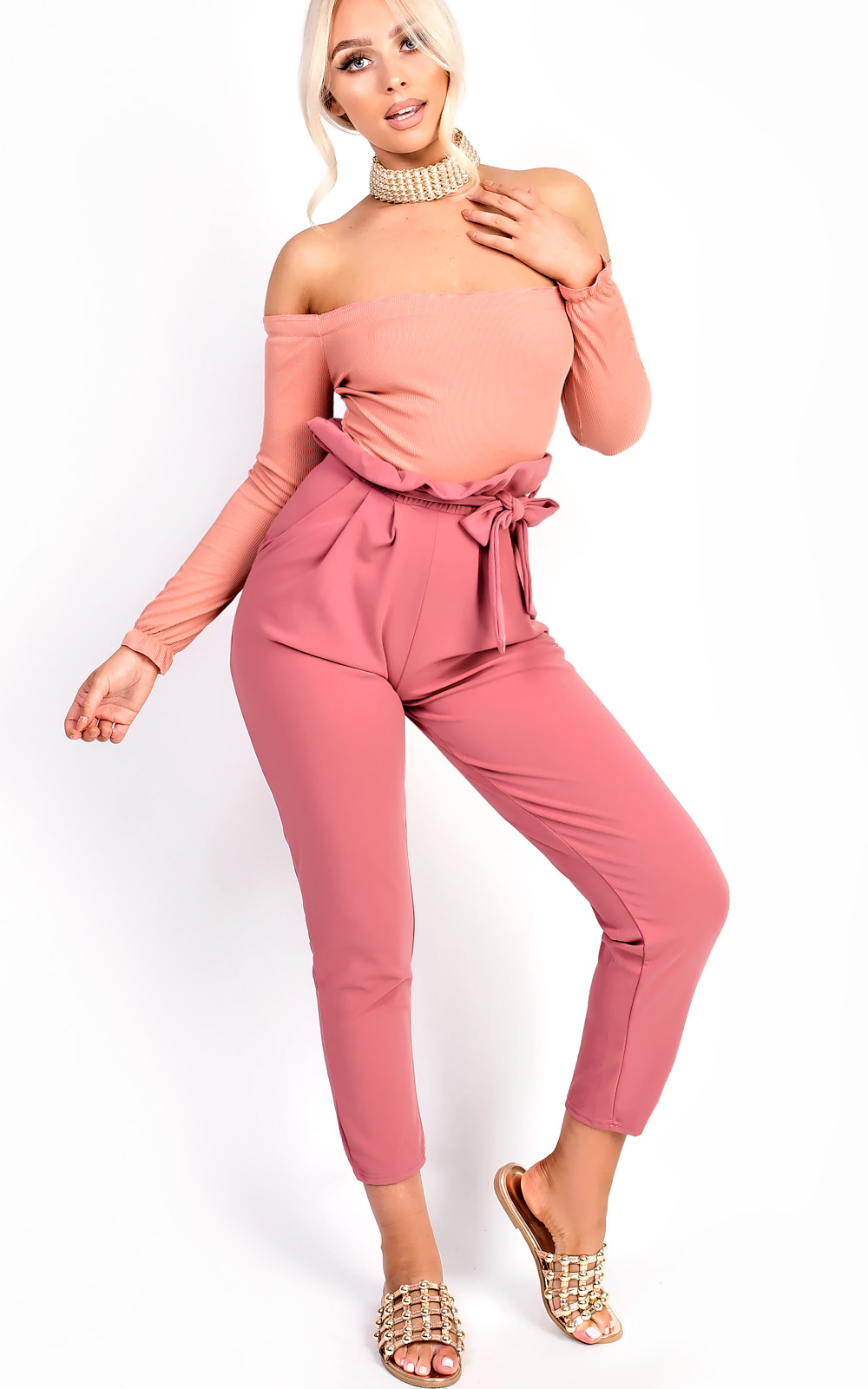 Lexia Ribbed Frill Off Shoulder Stretch Bodysuit Thumbnail