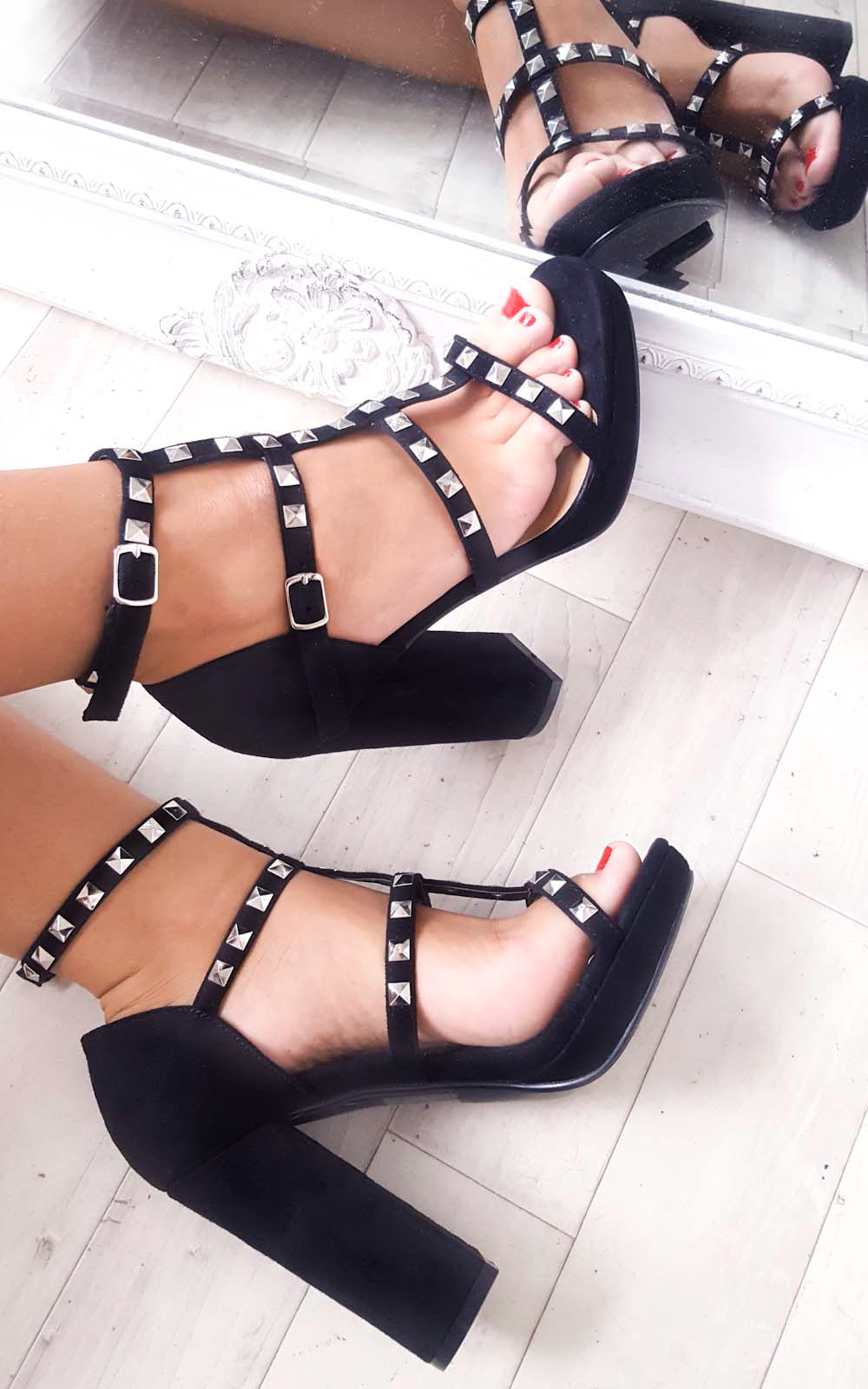 Layla Strappy Faux Suede Studded Block Heels Thumbnail