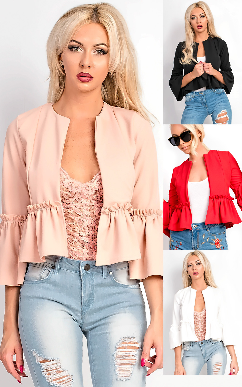 Phoebe Collarless Frill Bell Sleeve Blazer Jacket Thumbnail Phoebe Collarless Frill Bell Sleeve Blazer Jacket Thumbnail