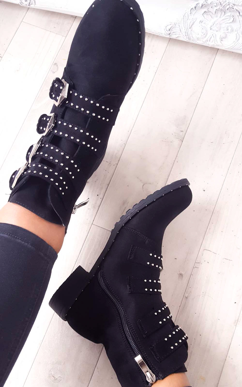 Alexis Studded Buckle Faux Suede Ankle Boots