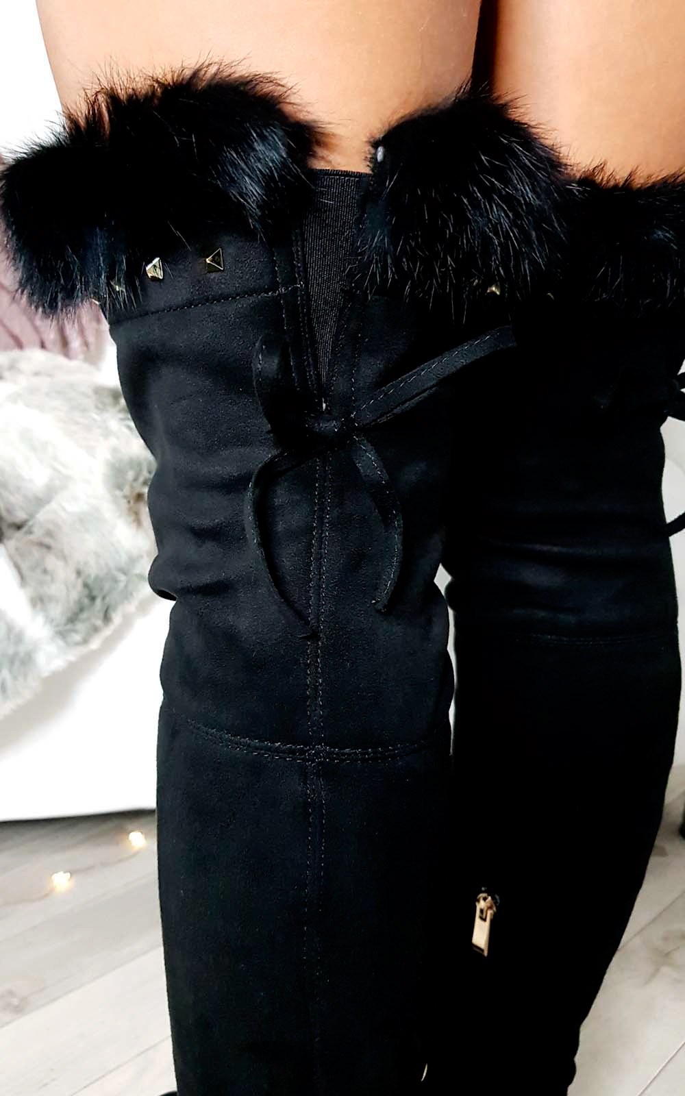 Carris Studded Faux Suede Fluffy Tassel Knee High Boots Thumbnail