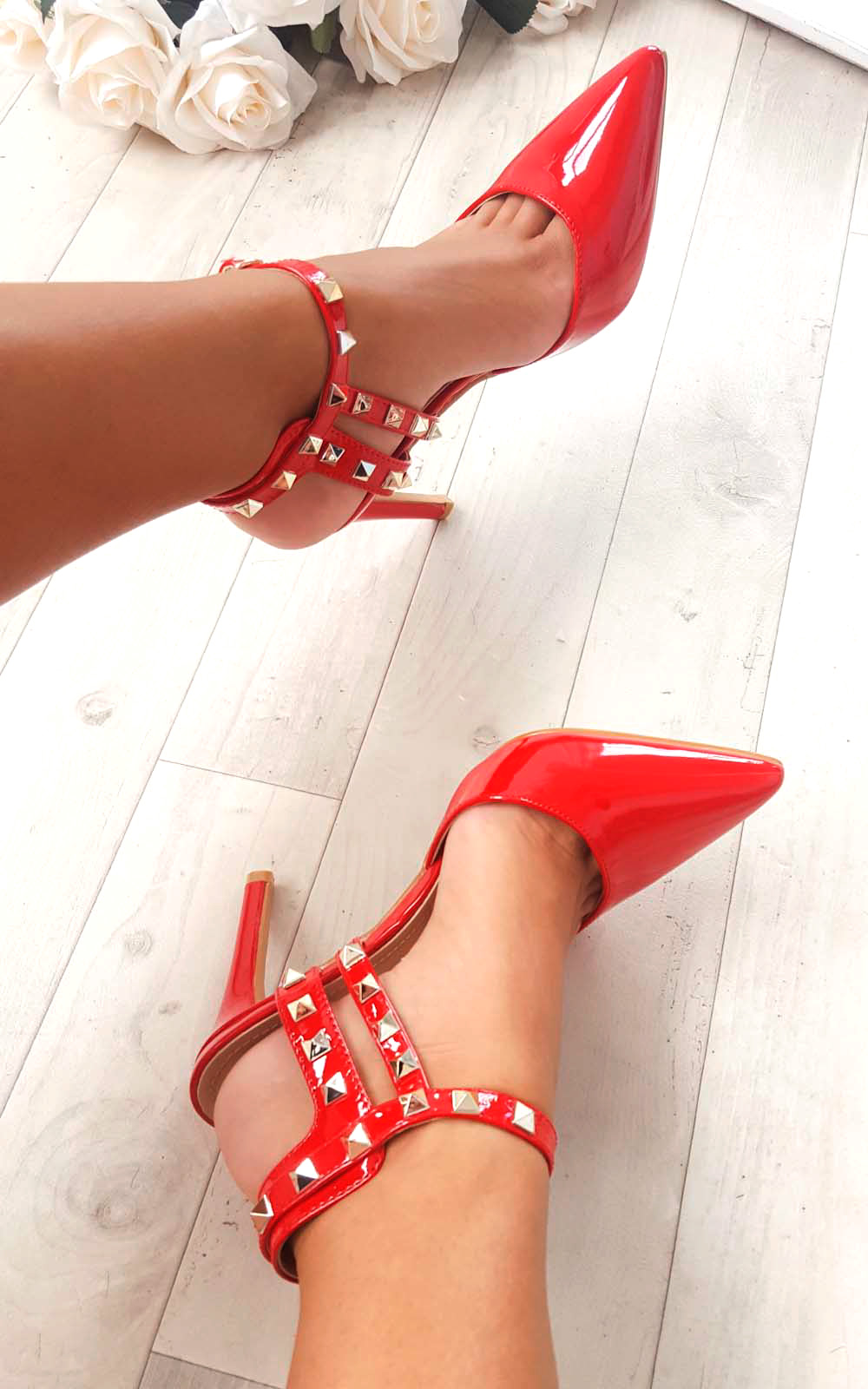 Valena Multi Strap T-Bar Studded Court Heels