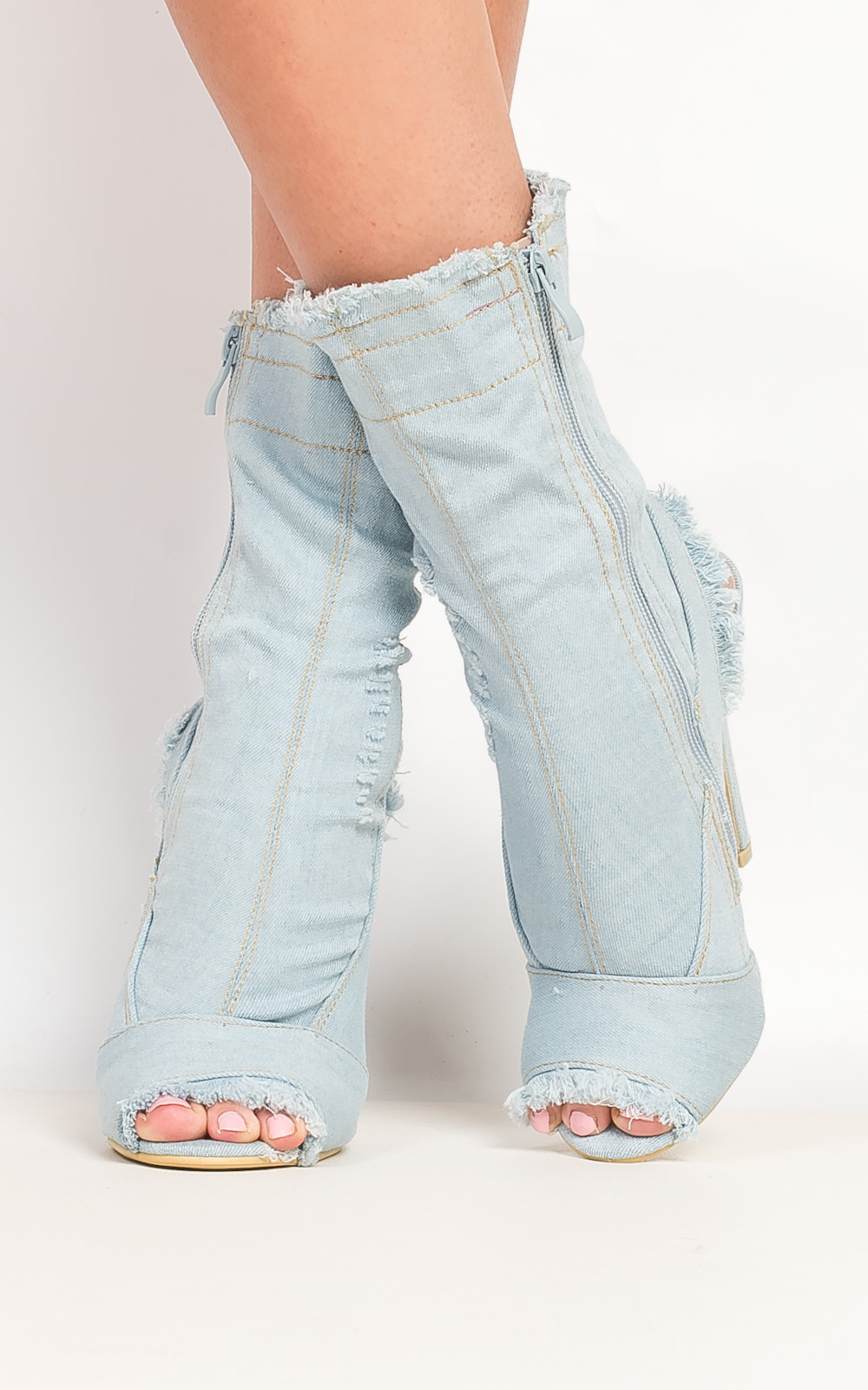 Dena Denim Frayed Peep Toe Heeled Ankle Boots Thumbnail