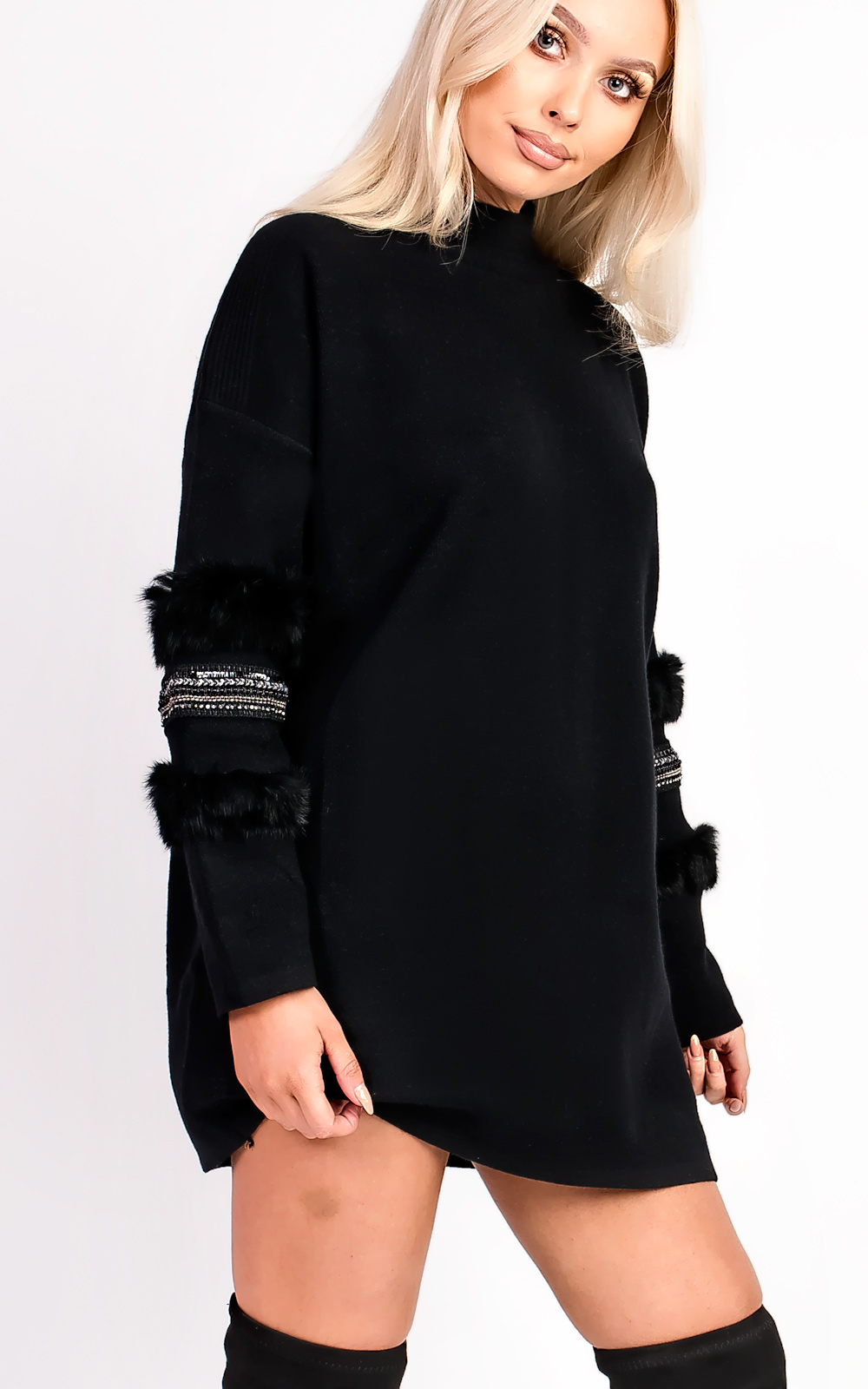Ariel Faux Fur Embellished Panel Knitted Dress Thumbnail Ariel Faux Fur Embellished Panel Knitted Dress Thumbnail
