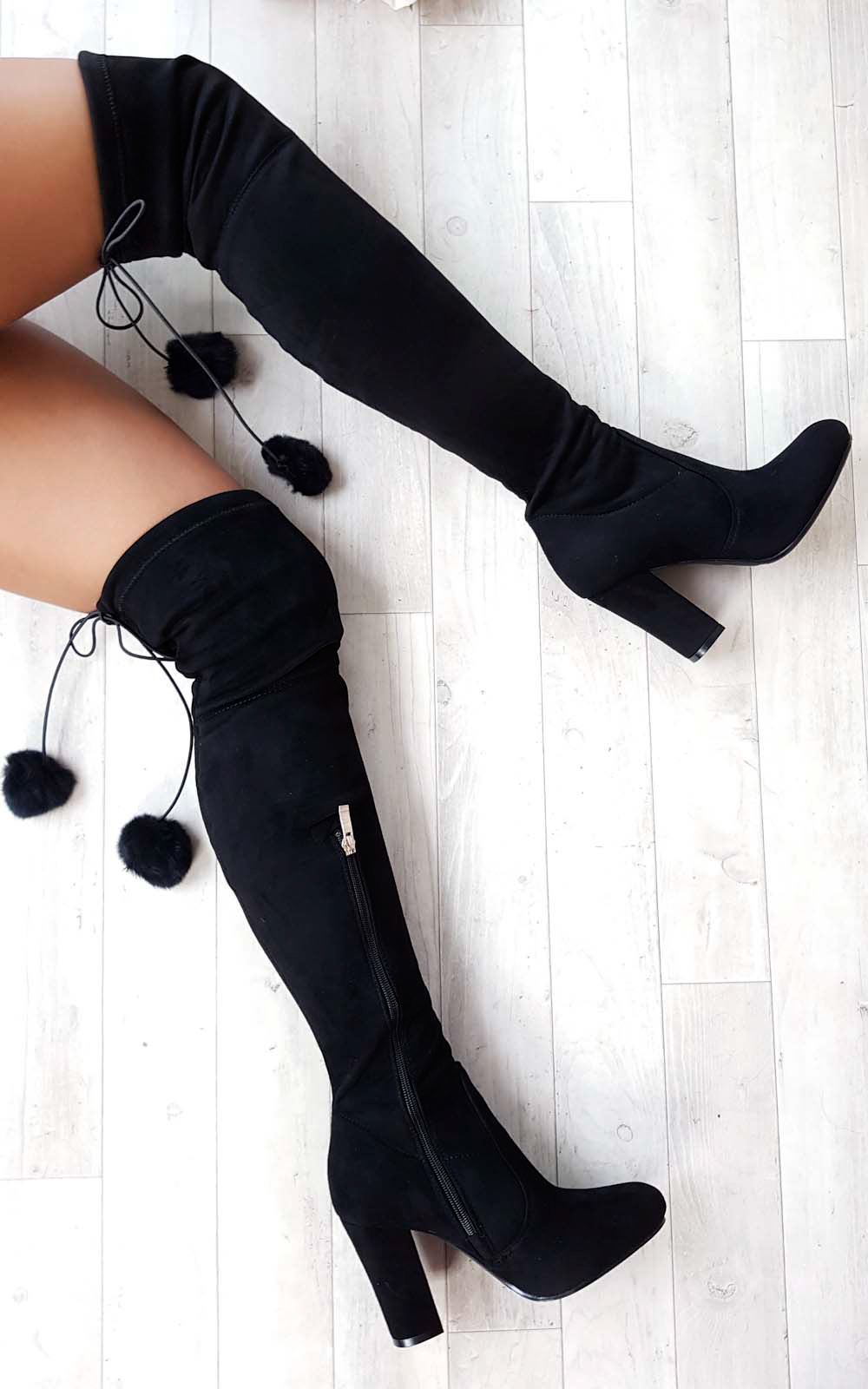 Poppy Pompom Faux Suede Knee High Boots 