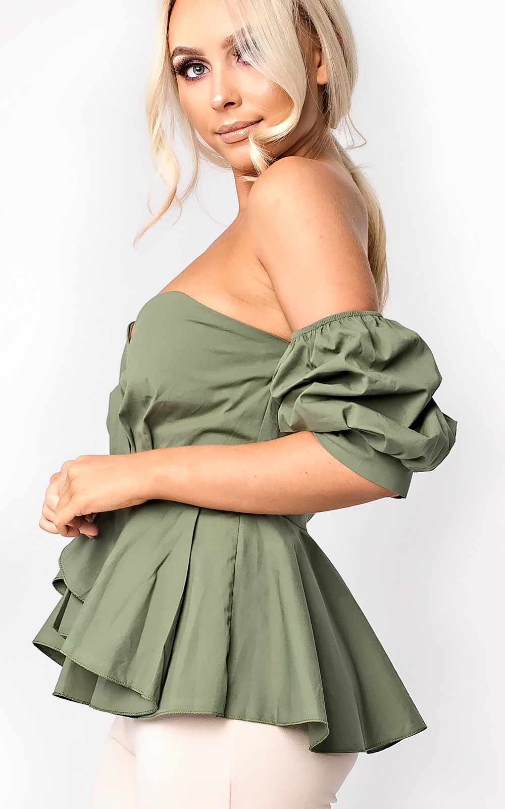 Beriska Bardot Ruffle Sleeve Peplum Top  Thumbnail