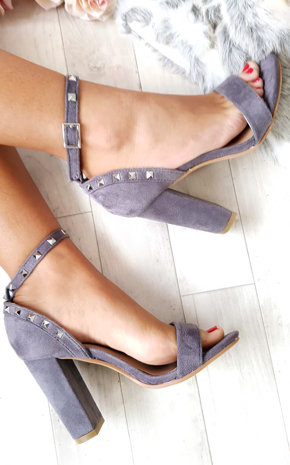 Lalia Faux Suede Studded Block Heels Thumbnail