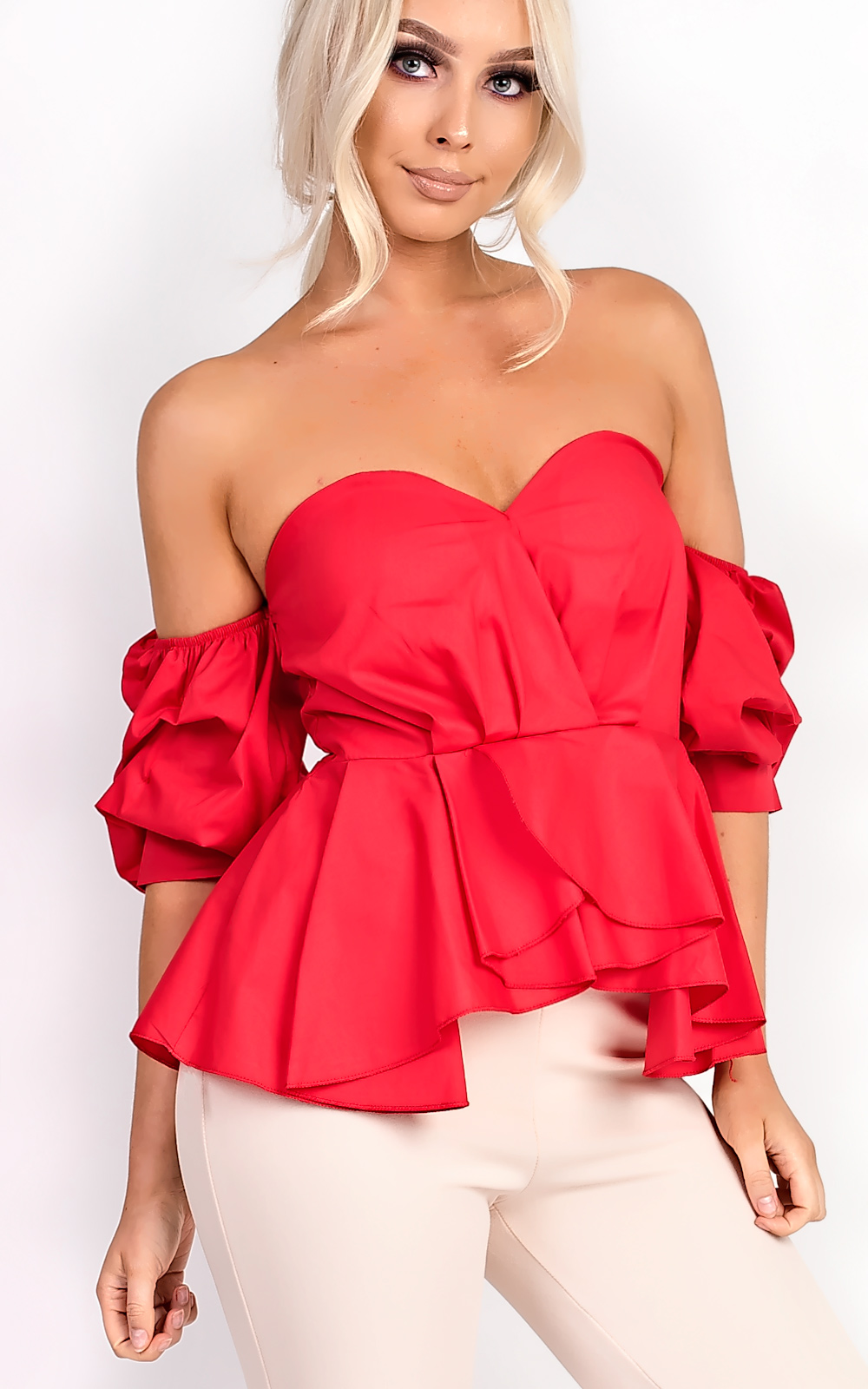 Beriska Bardot Ruffle Sleeve Peplum Top Thumbnail Beriska Bardot Ruffle Sleeve Peplum Top Thumbnail