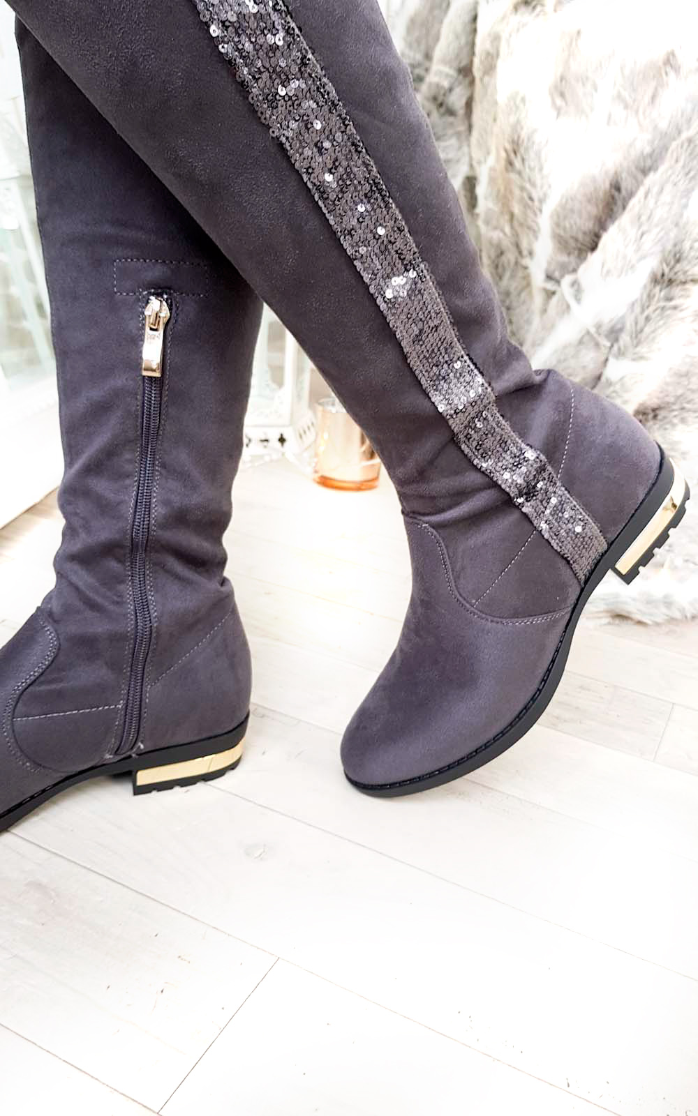 Amy Faux Suede Sequin Lace Up Knee High Boots Thumbnail Amy Faux Suede Sequin Lace Up Knee High Boots Thumbnail