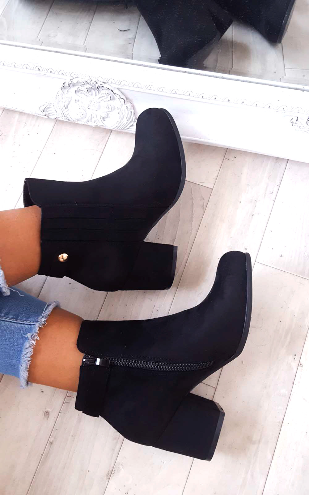 Klarissa Faux Suede Gold Button Ankle Boots Thumbnail Klarissa Faux Suede Gold Button Ankle Boots Thumbnail