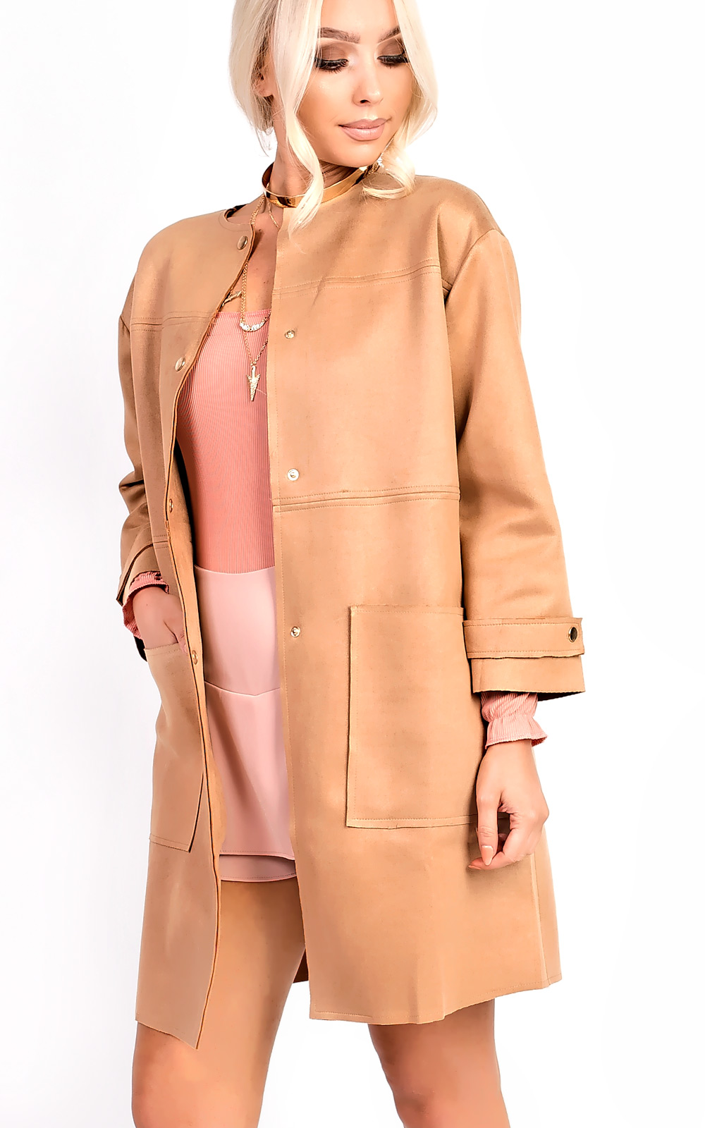 Carmellia Collarless Faux Suede Jacket Carmellia Collarless Faux Suede Jacket
