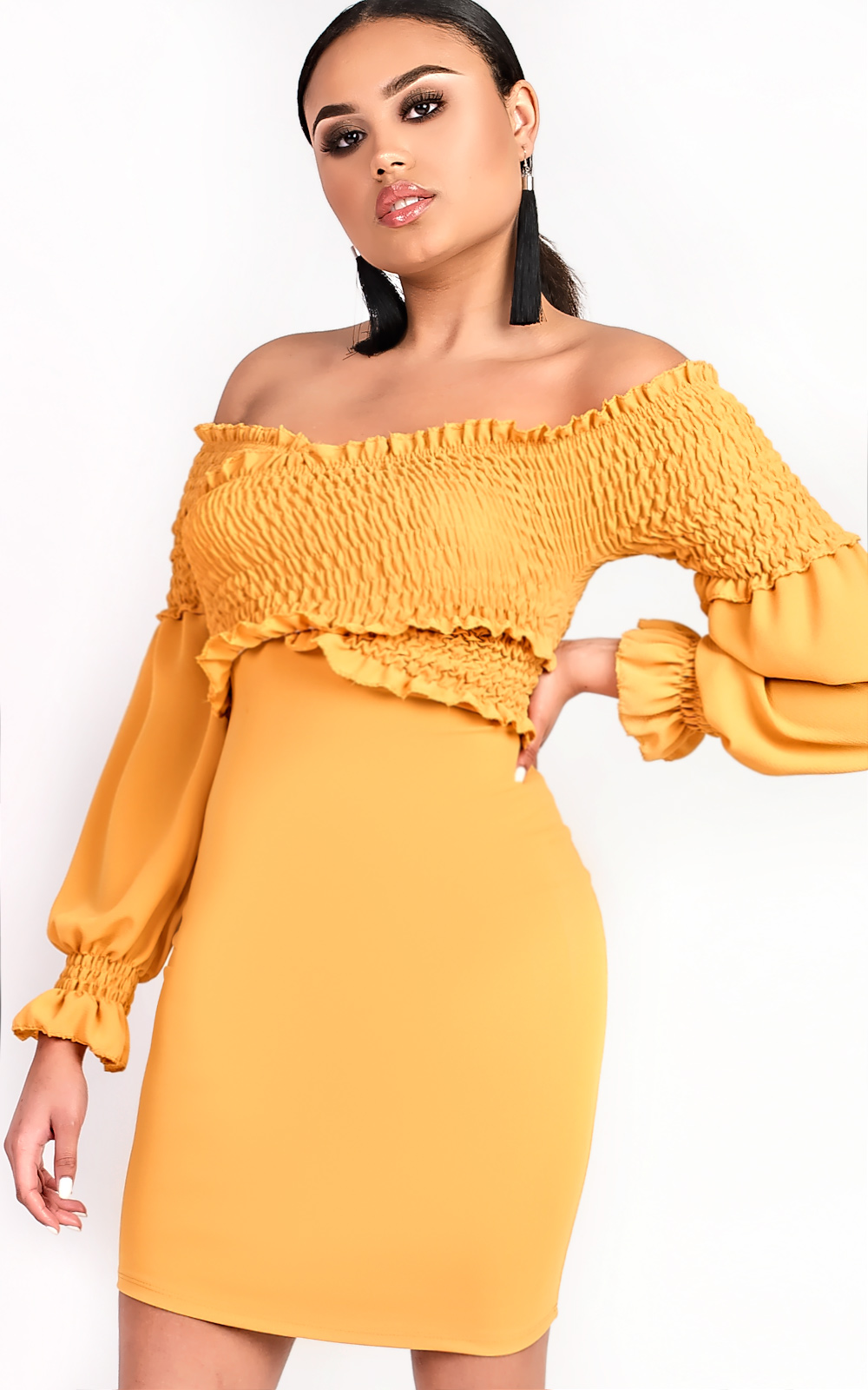 Carlina Bardot Stretch Long Sleeved Frill Dress Thumbnail Carlina Bardot Stretch Long Sleeved Frill Dress Thumbnail