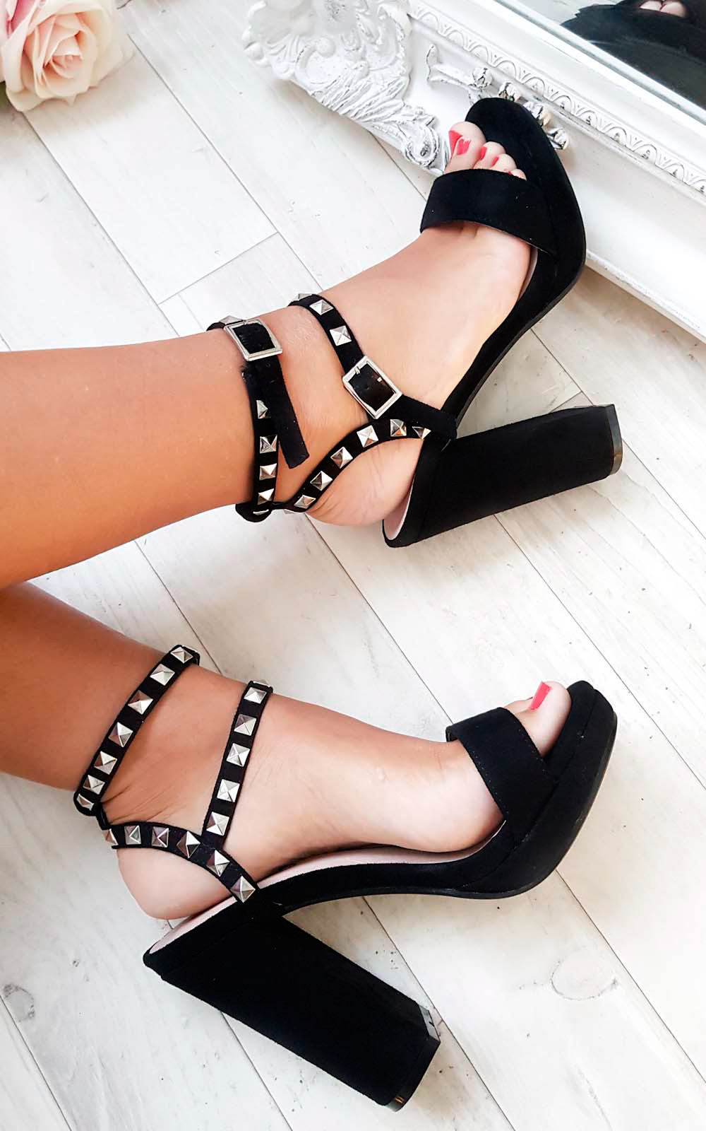 Kailey Strappy Faux Suede Studded Block Heels Thumbnail Kailey Strappy Faux Suede Studded Block Heels Thumbnail