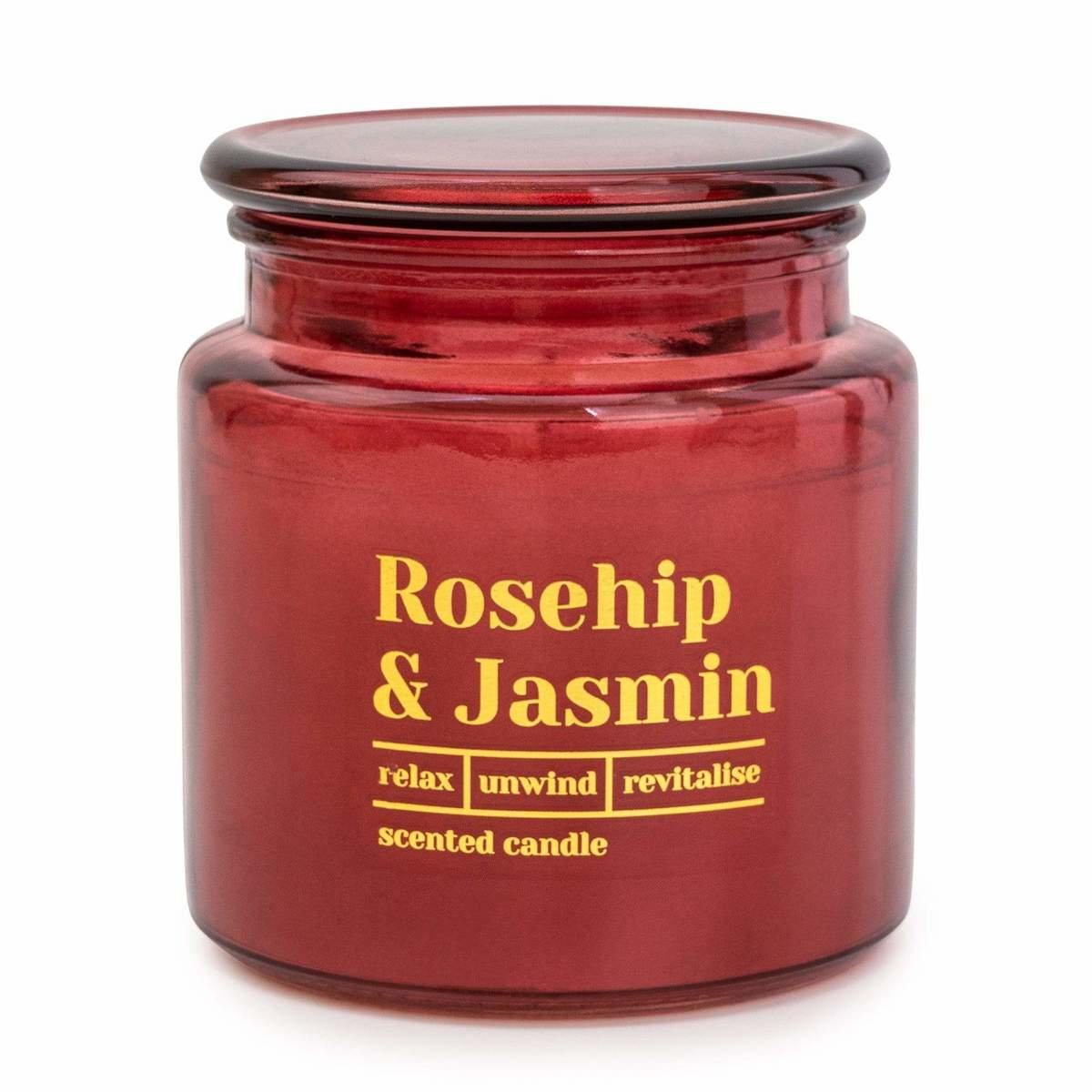 Red Glass Wax Filled Pot Candle 'Rosehip & Jasmine' - Honeysuckle Scent 