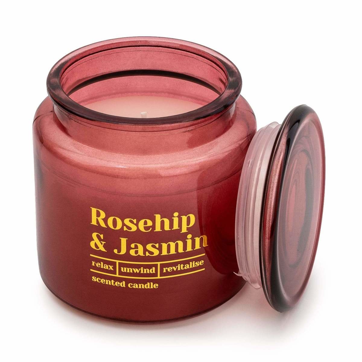 Red Glass Wax Filled Pot Candle 'Rosehip & Jasmine' - Honeysuckle Scent Thumbnail Red Glass Wax Filled Pot Candle 'Rosehip & Jasmine' - Honeysuckle Scent Thumbnail