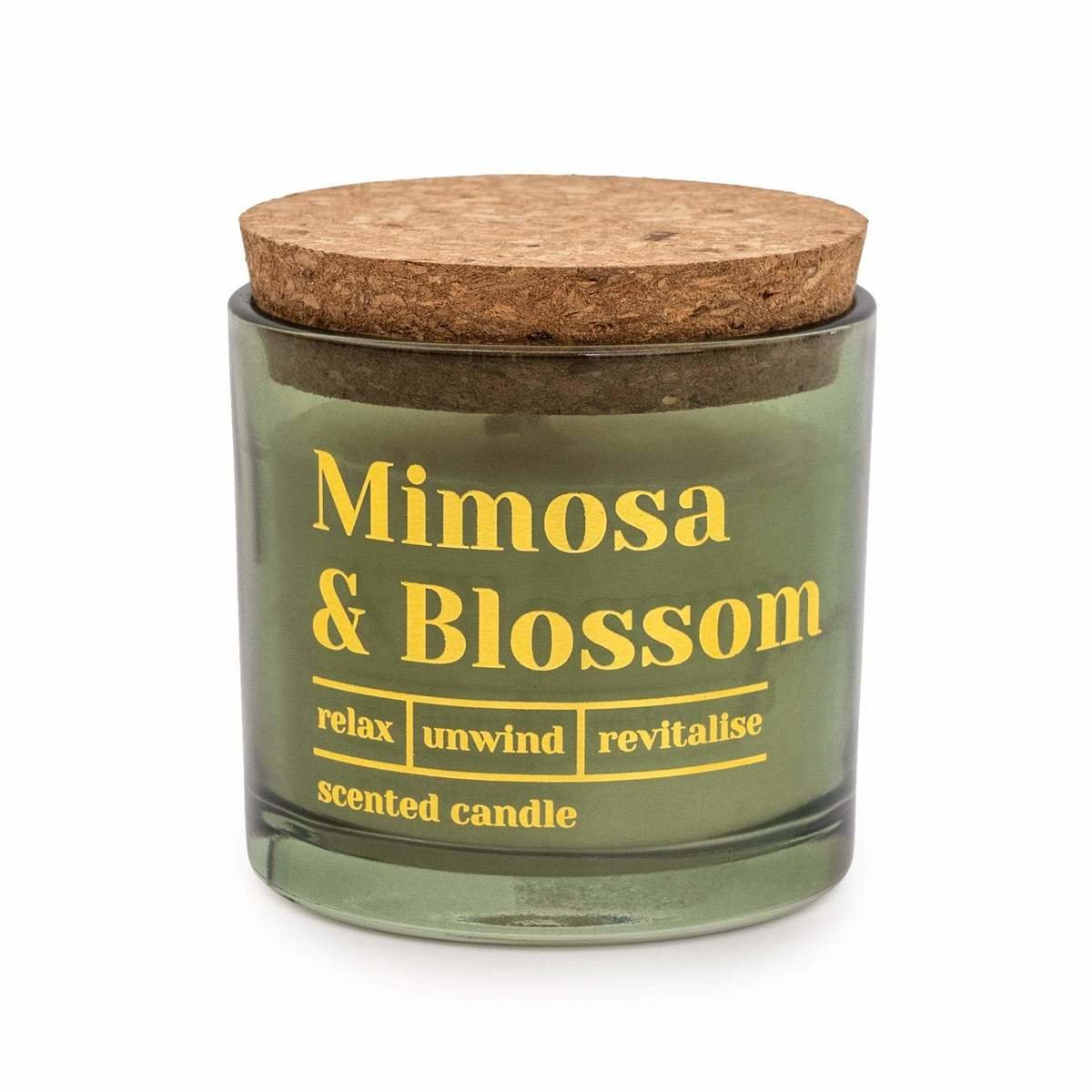 Olive Glass Wax Filled Pot Candle with Cork Lid 'Mimosa & Blossom' - Mimosa Scent Olive Glass Wax Filled Pot Candle with Cork Lid 'Mimosa & Blossom' - Mimosa Scent
