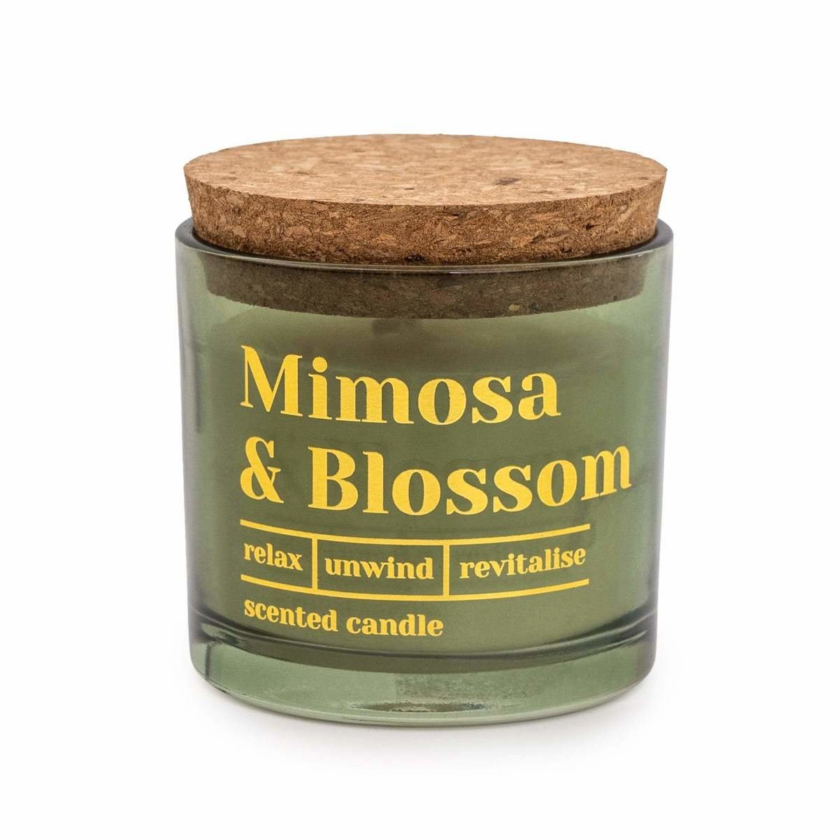 Olive Glass Wax Filled Pot Candle with Cork Lid 'Mimosa & Blossom' - Mimosa Scent 