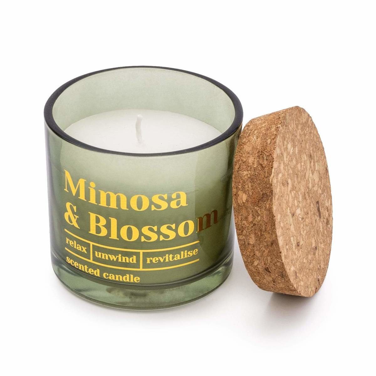 Olive Glass Wax Filled Pot Candle with Cork Lid 'Mimosa & Blossom' - Mimosa Scent  Thumbnail