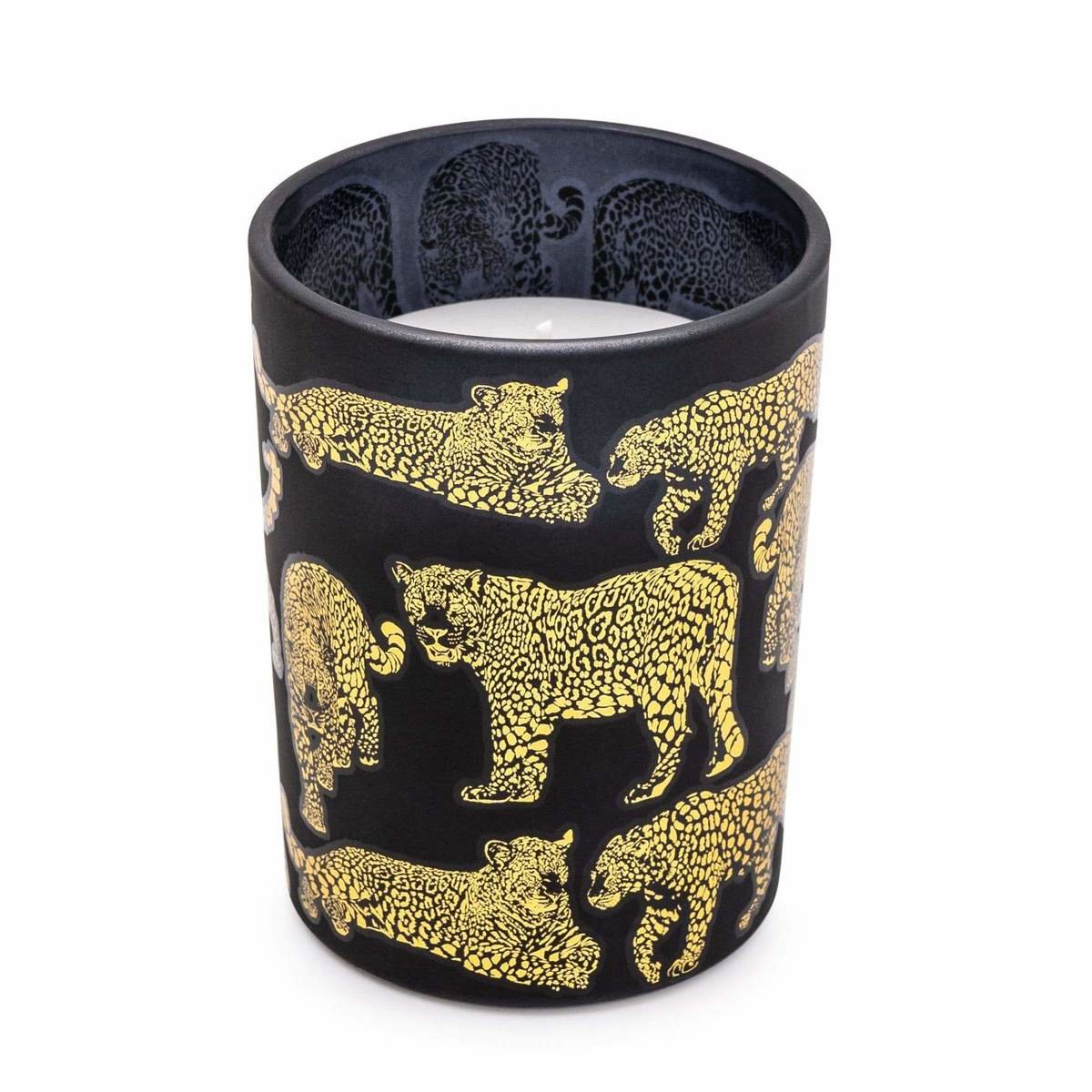 Matte Black and Gold Round Leopard Print Candle - Midnight Pomegranate Scent Thumbnail