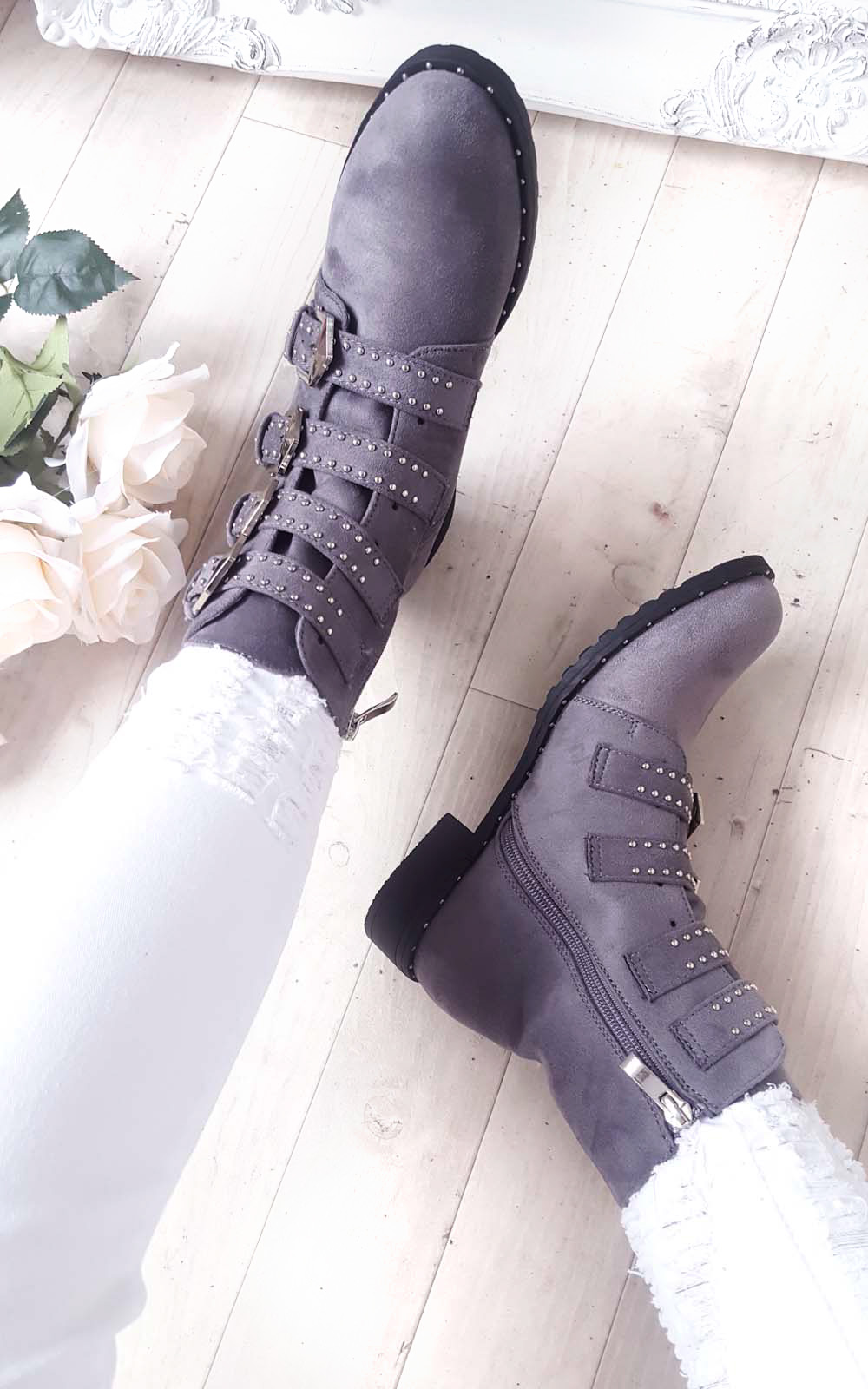 Alexis Studded Buckle Faux Suede Ankle Boots