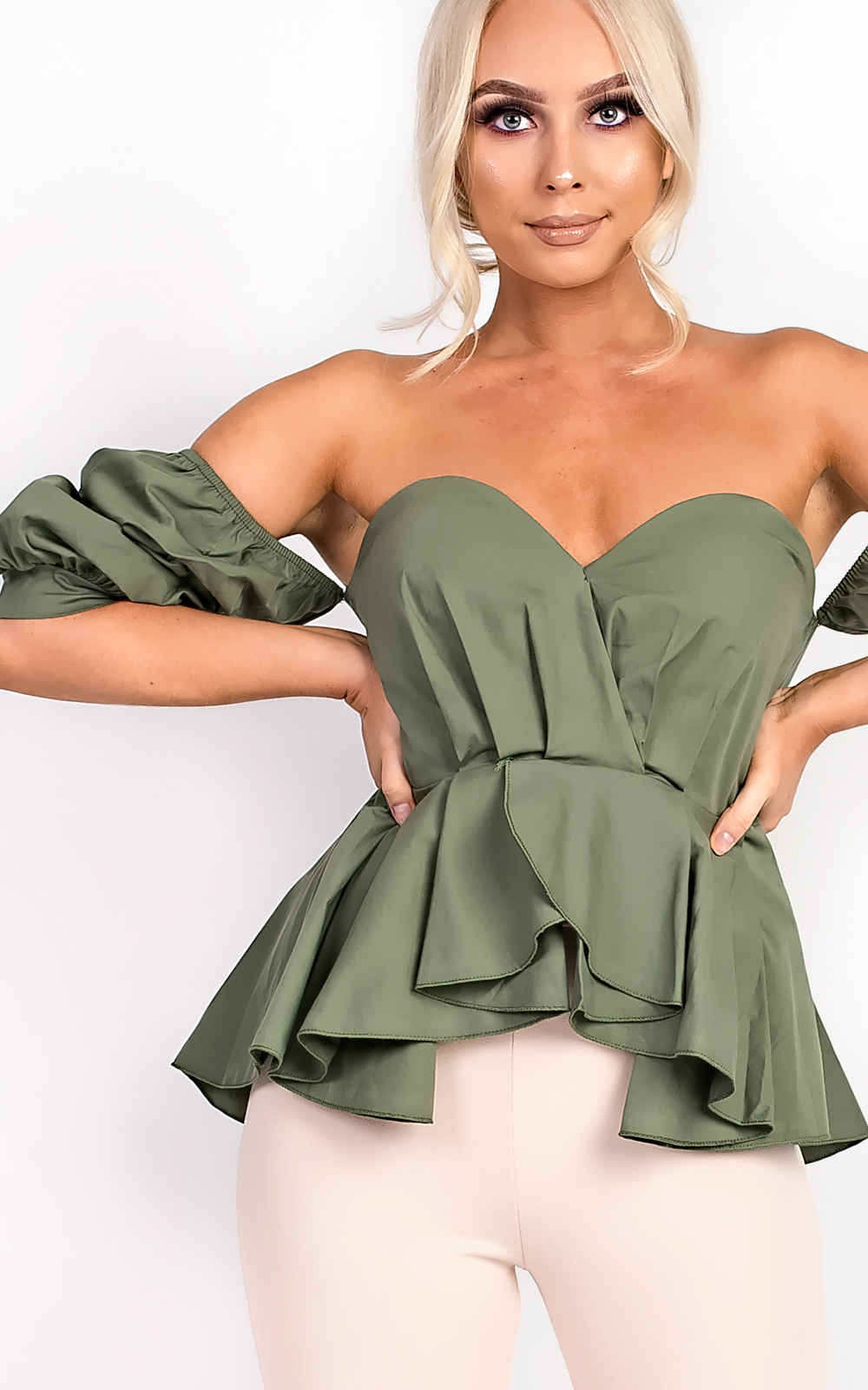 Beriska Bardot Ruffle Sleeve Peplum Top 