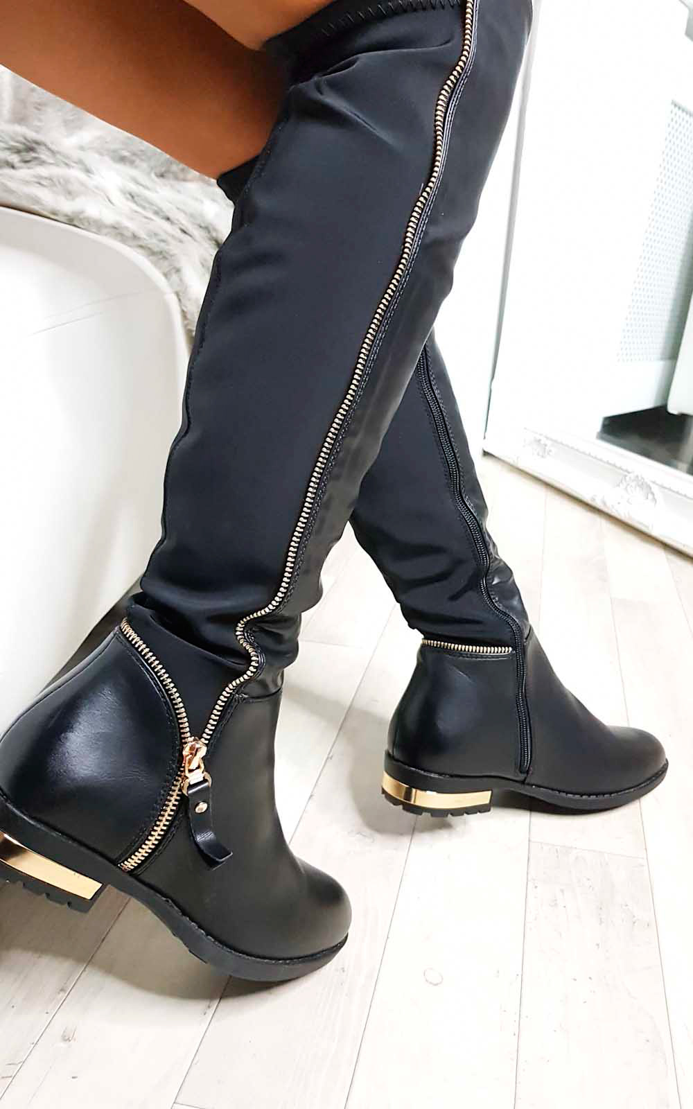 Jodie Faux Leather Gold Bar Knee High Boots Thumbnail Jodie Faux Leather Gold Bar Knee High Boots Thumbnail