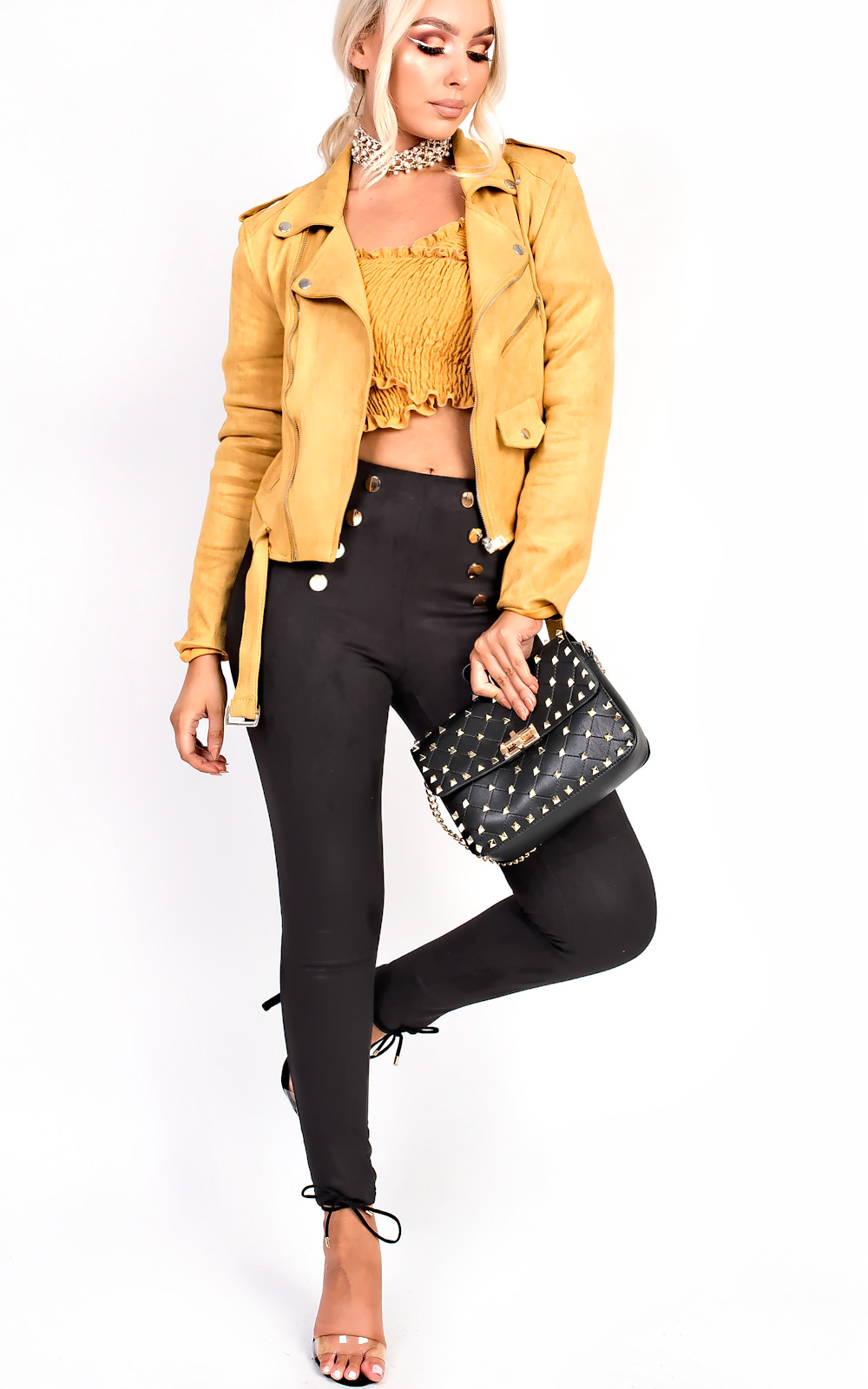 Karmen Bardot Stretch Long Sleeved Frill Crop Top Thumbnail Karmen Bardot Stretch Long Sleeved Frill Crop Top Thumbnail