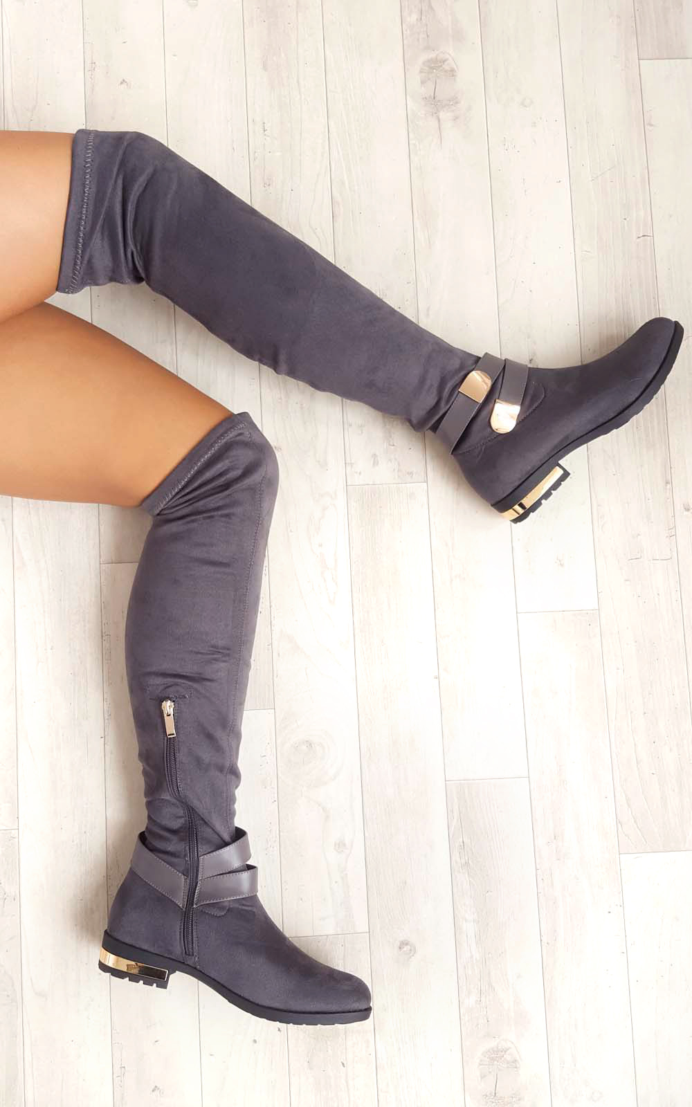 Irena Faux Suede Gold Bar Knee High Boots