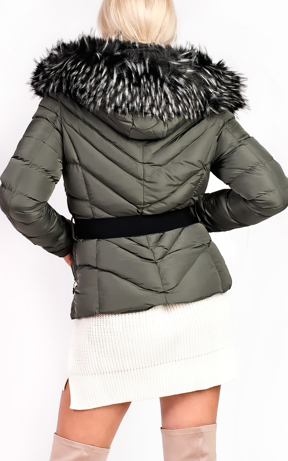 Elisia Padded Faux Fur Hooded Belted Jacket Thumbnail