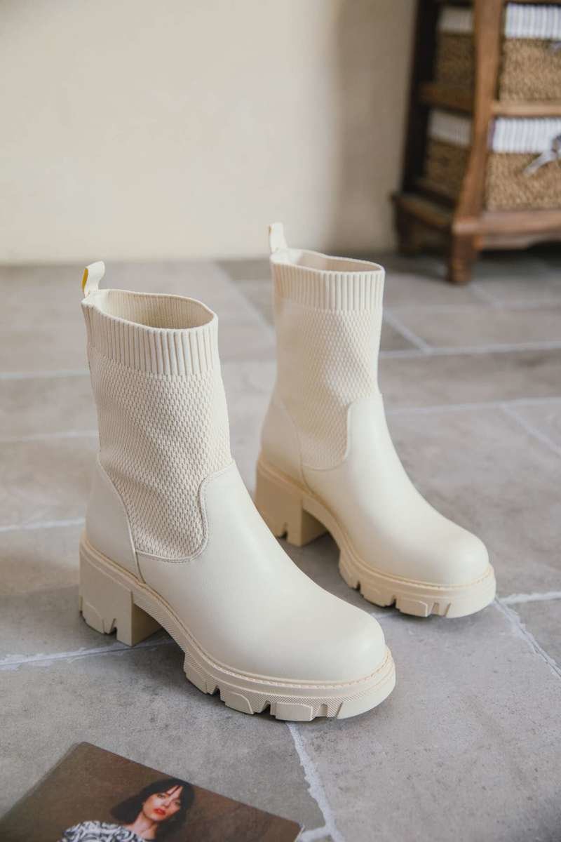 Isobel Chunky Sock Outsole Boots in Beige | ikrush