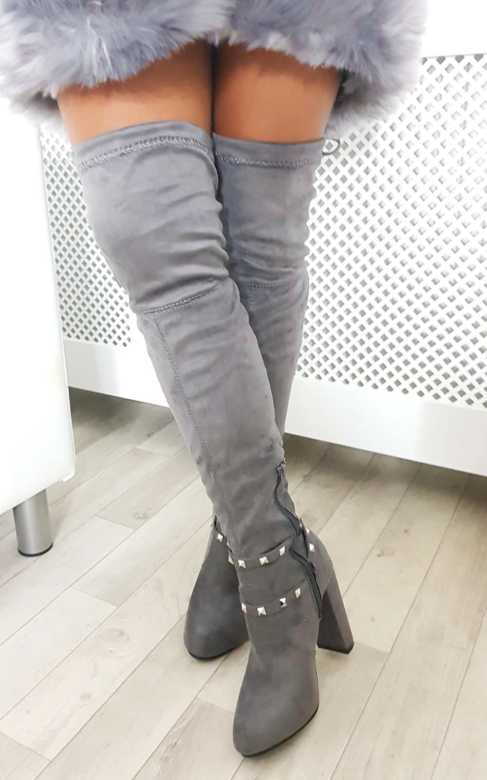 Ninita Faux Suede Studded Tie Knee High Boots Thumbnail Ninita Faux Suede Studded Tie Knee High Boots Thumbnail