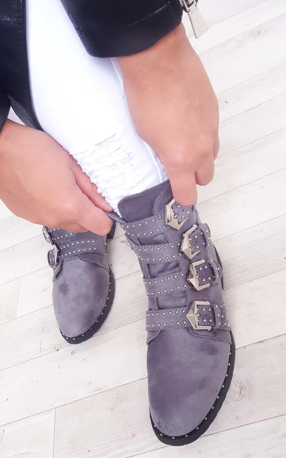 Alexis Studded Buckle Faux Suede Ankle Boots Thumbnail Alexis Studded Buckle Faux Suede Ankle Boots Thumbnail