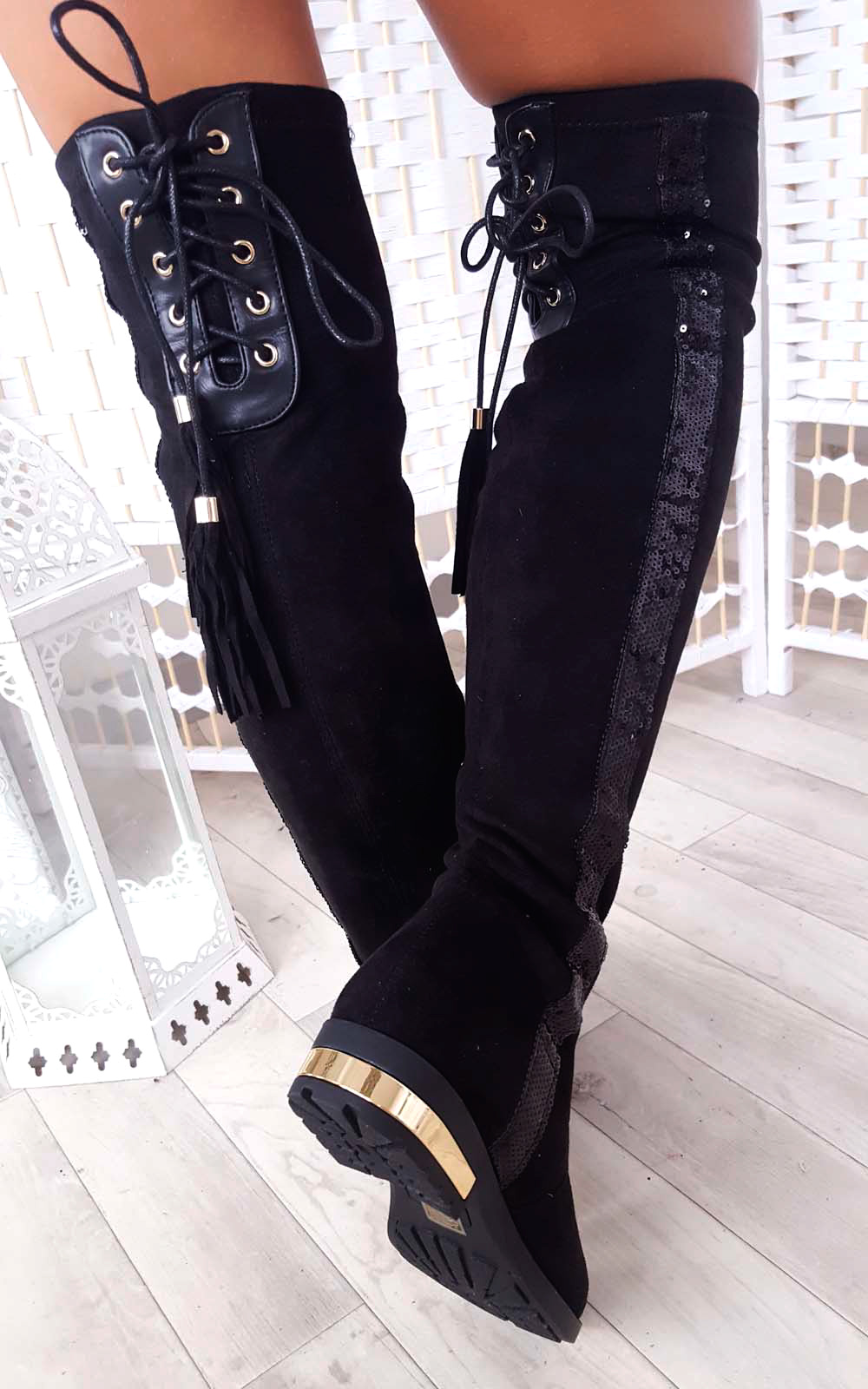 Amy Faux Suede Sequin Lace Up Knee High Boots Thumbnail