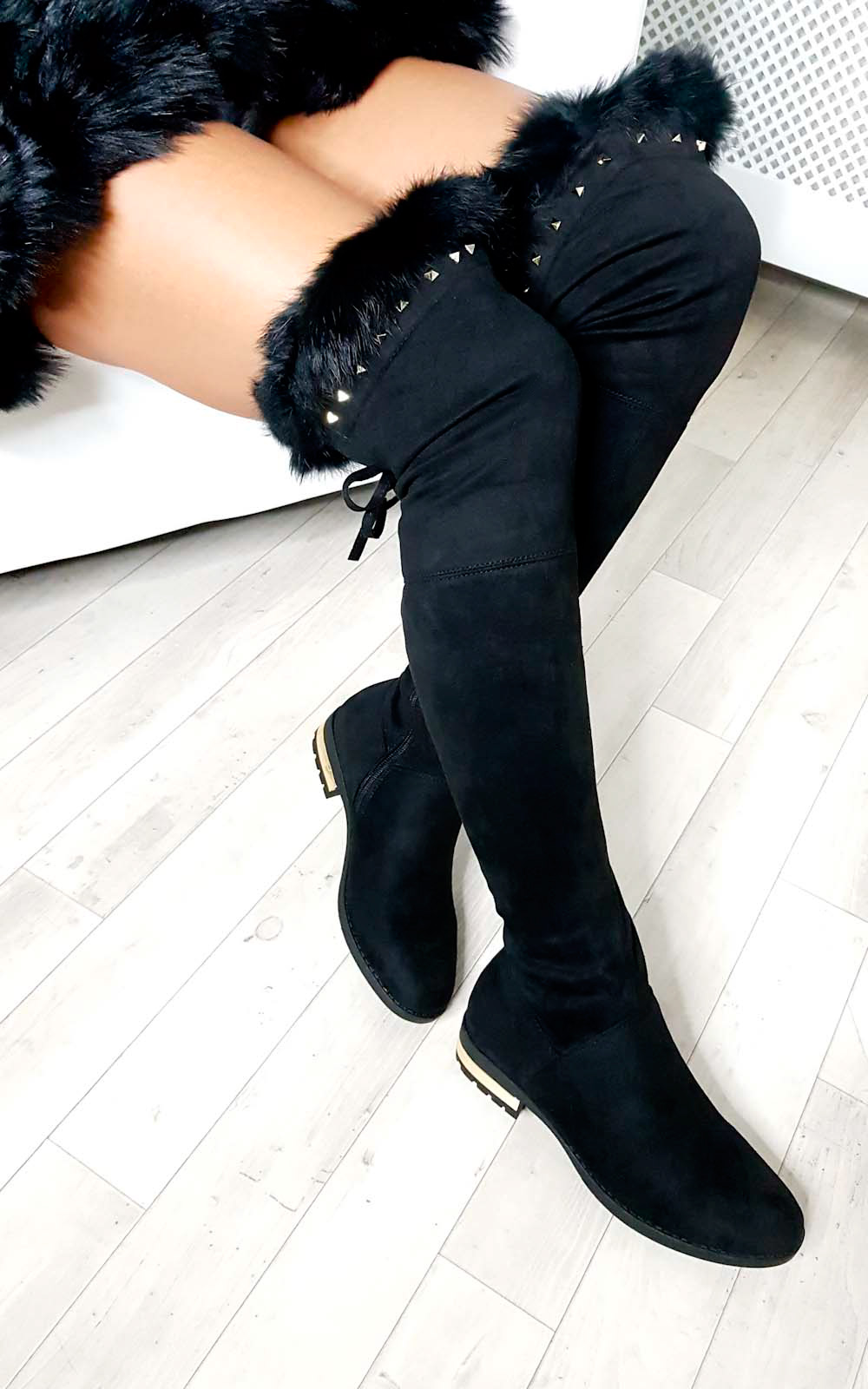 Carris Studded Faux Suede Fluffy Tassel Knee High Boots