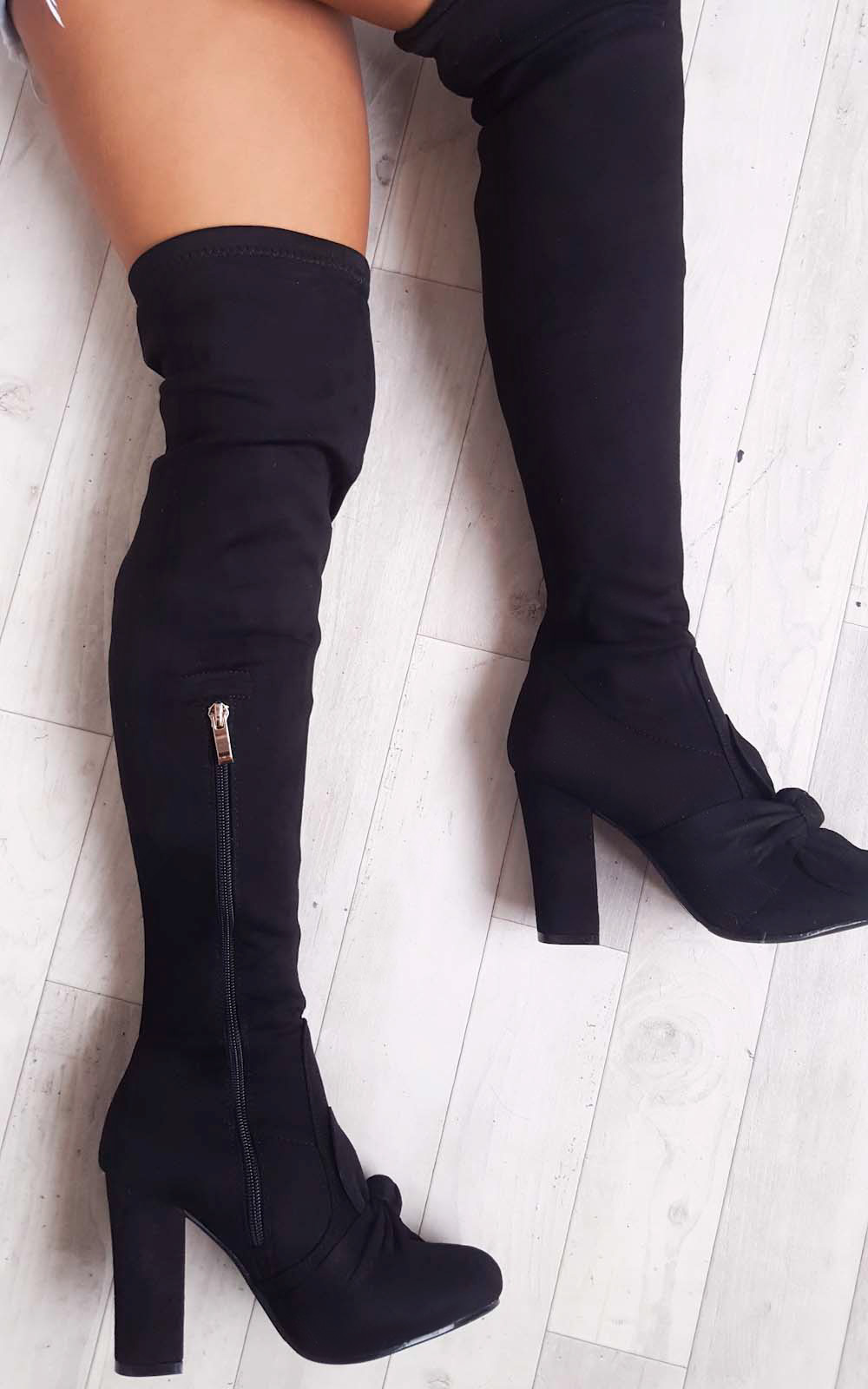 Corla Faux Suede Bow Front Knee High Boots Corla Faux Suede Bow Front Knee High Boots