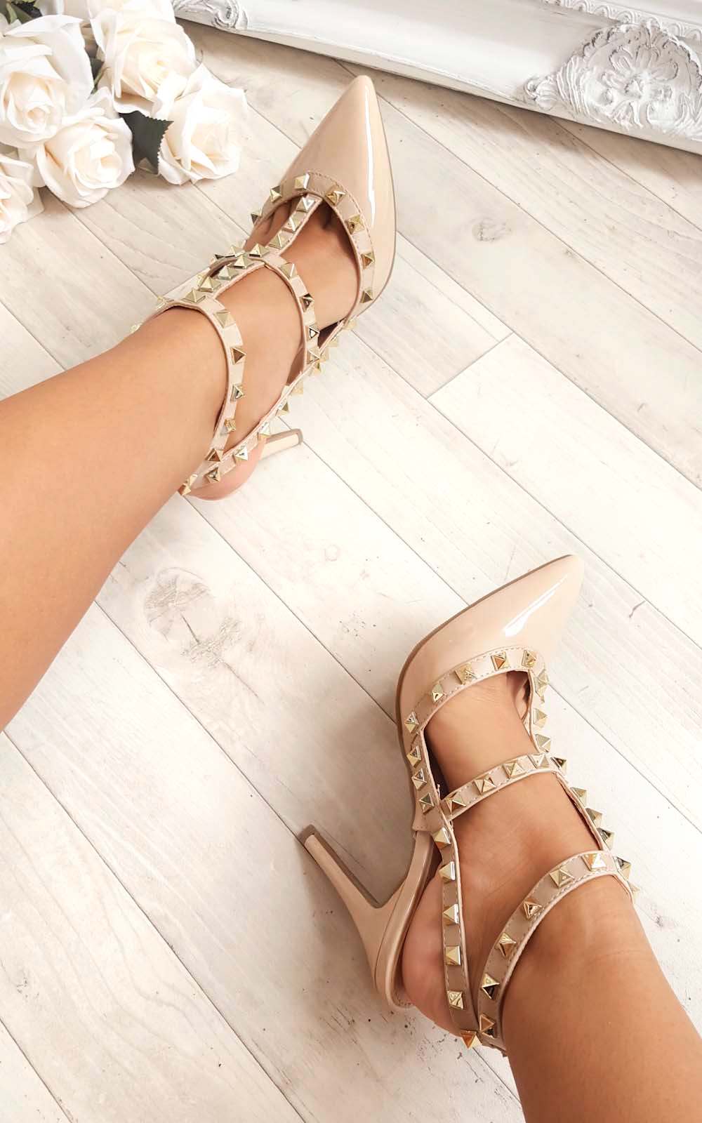 Valena Multi Strap T-Bar Studded Court Heels