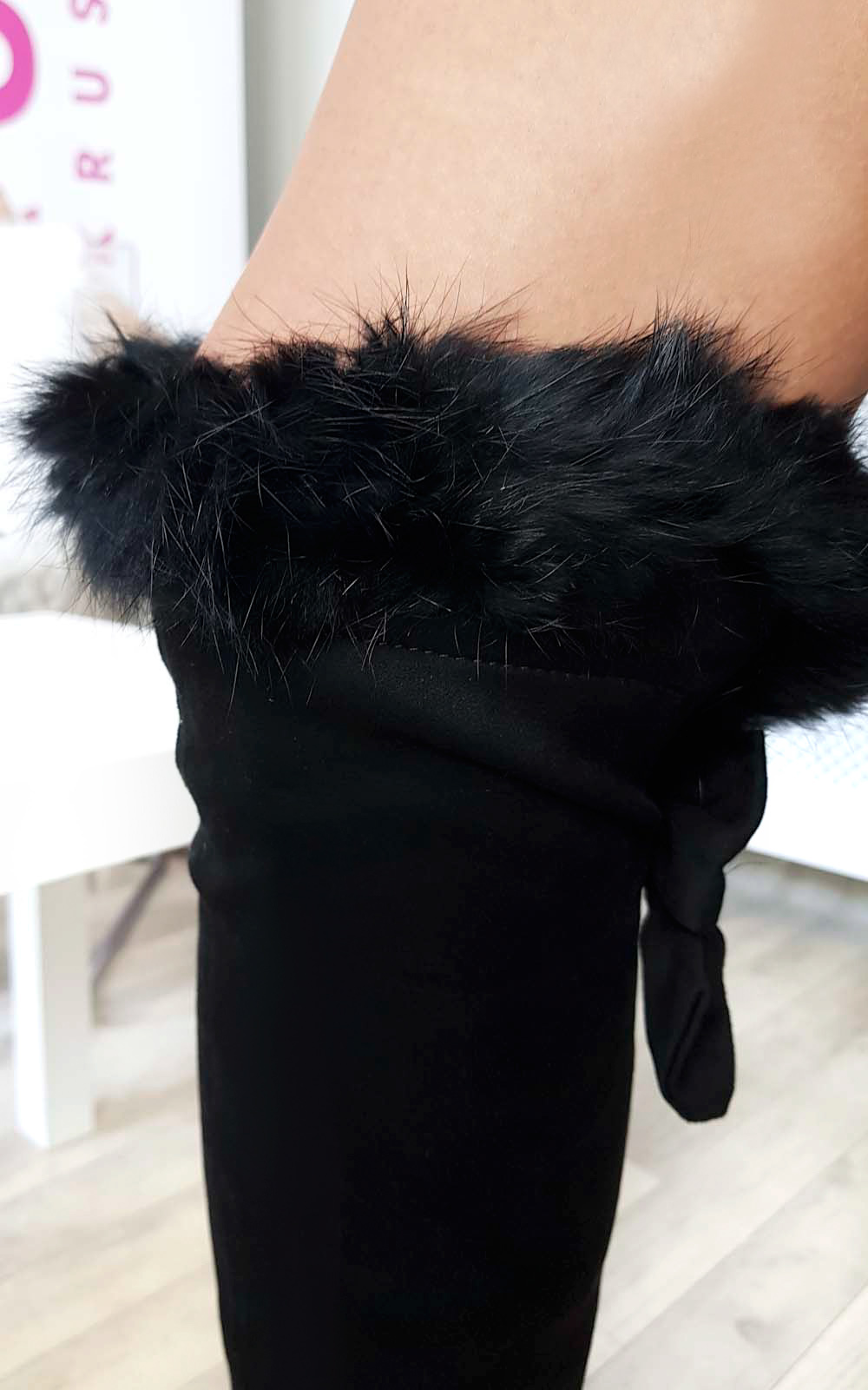 Lena Faux Suede Fluffy Bow Knee High Boots Thumbnail Lena Faux Suede Fluffy Bow Knee High Boots Thumbnail