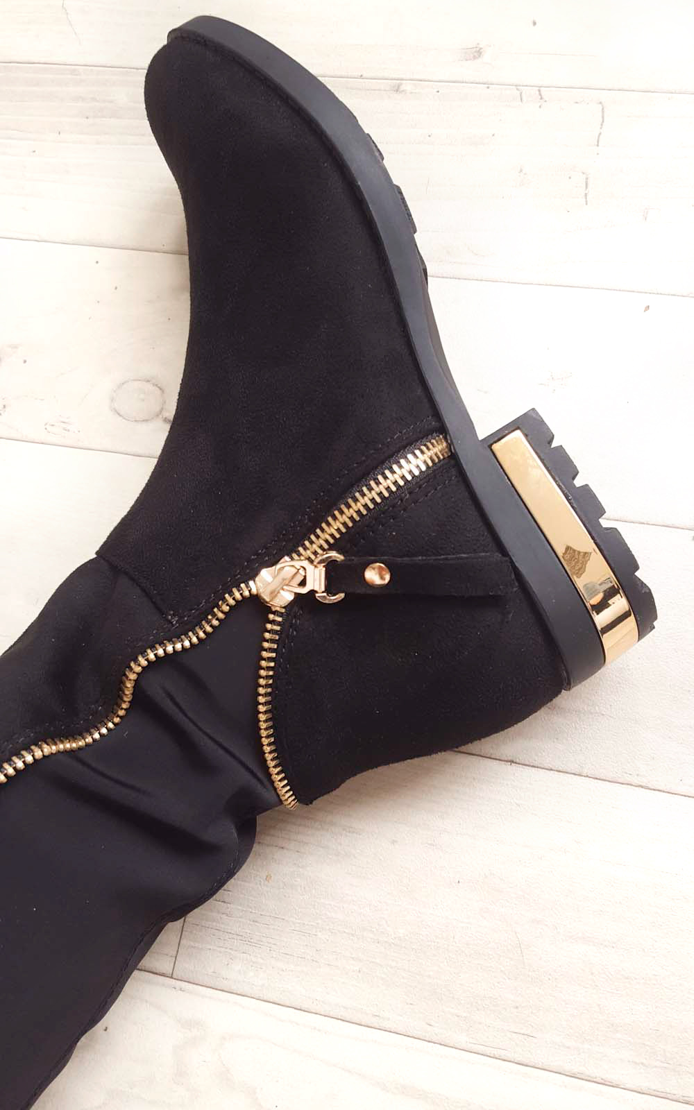 Samia Faux Suede Gold Zip Stretch Knee High Boots Thumbnail