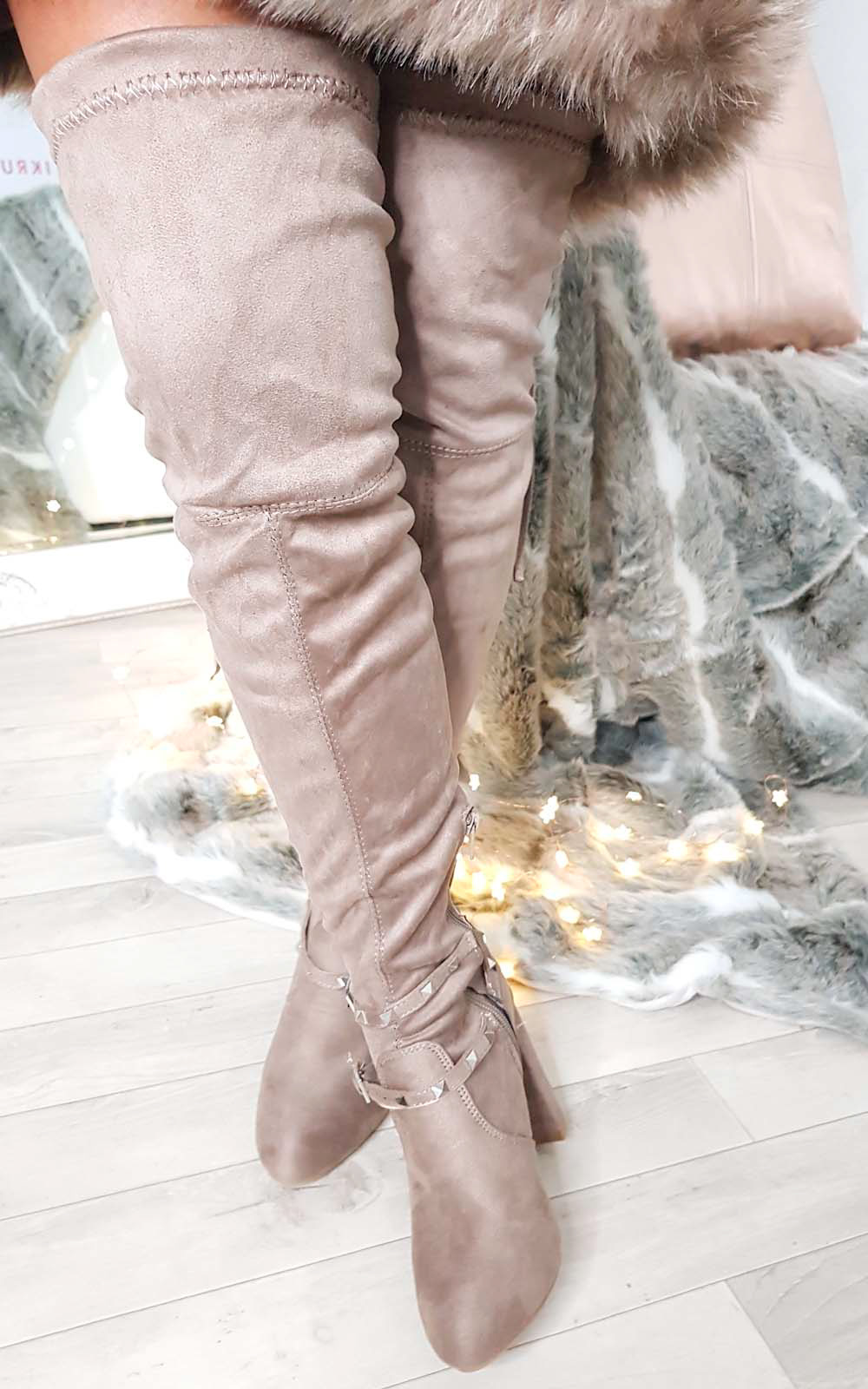 Ninita Faux Suede Studded Tie Knee High Boots Thumbnail Ninita Faux Suede Studded Tie Knee High Boots Thumbnail