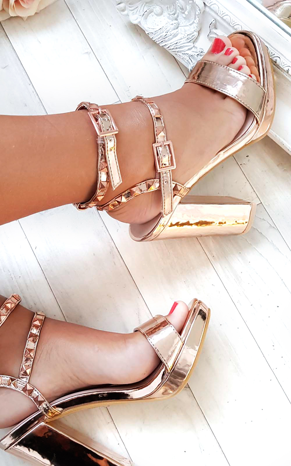 Kailey Strappy Faux Suede Studded Block Heels Thumbnail