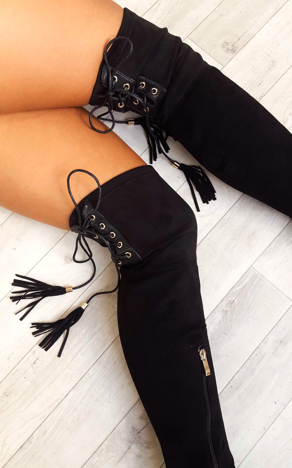 Amelia Faux Suede Tie Knee High Boots 