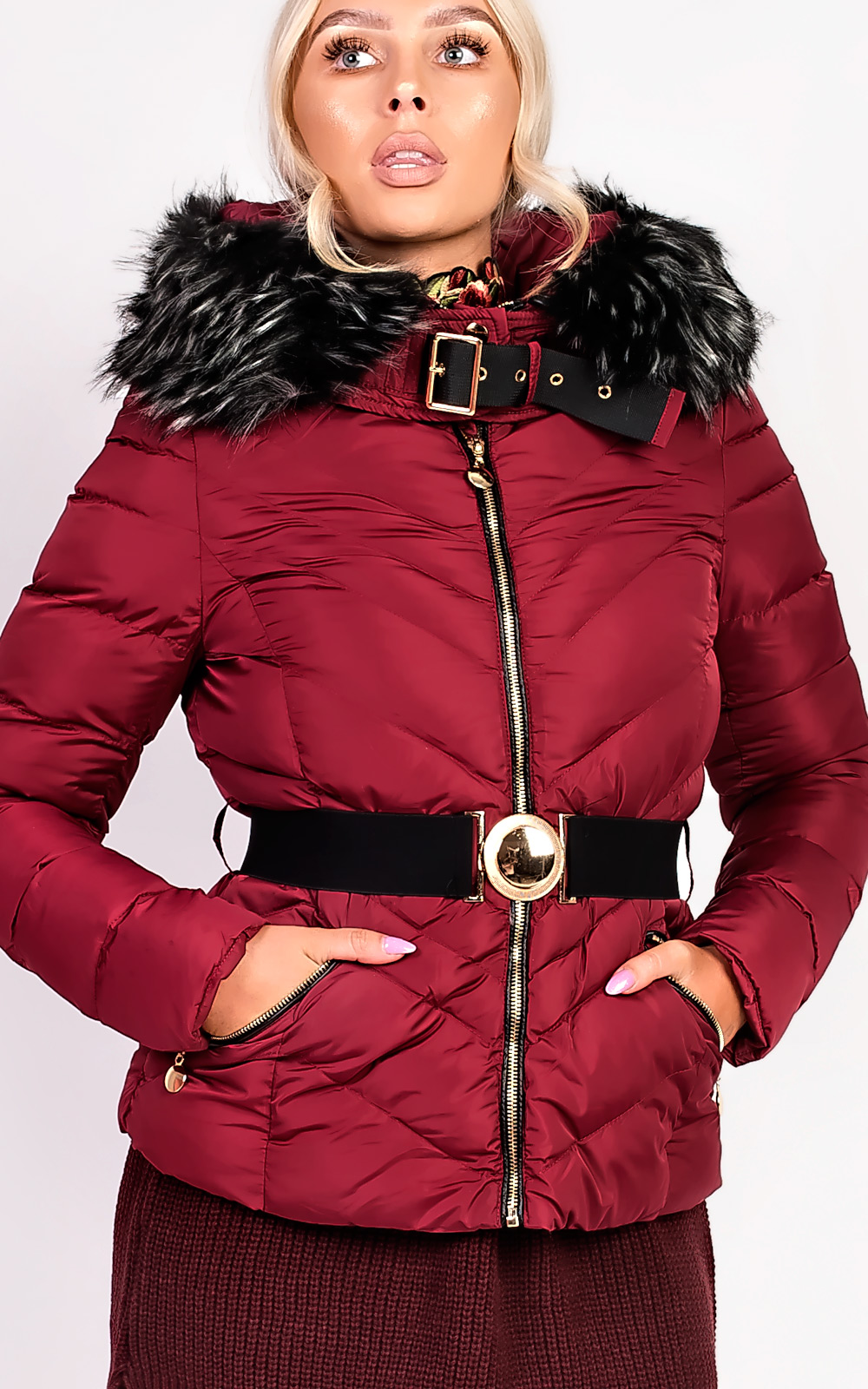 Elisia Padded Faux Fur Hooded Belted Jacket Thumbnail