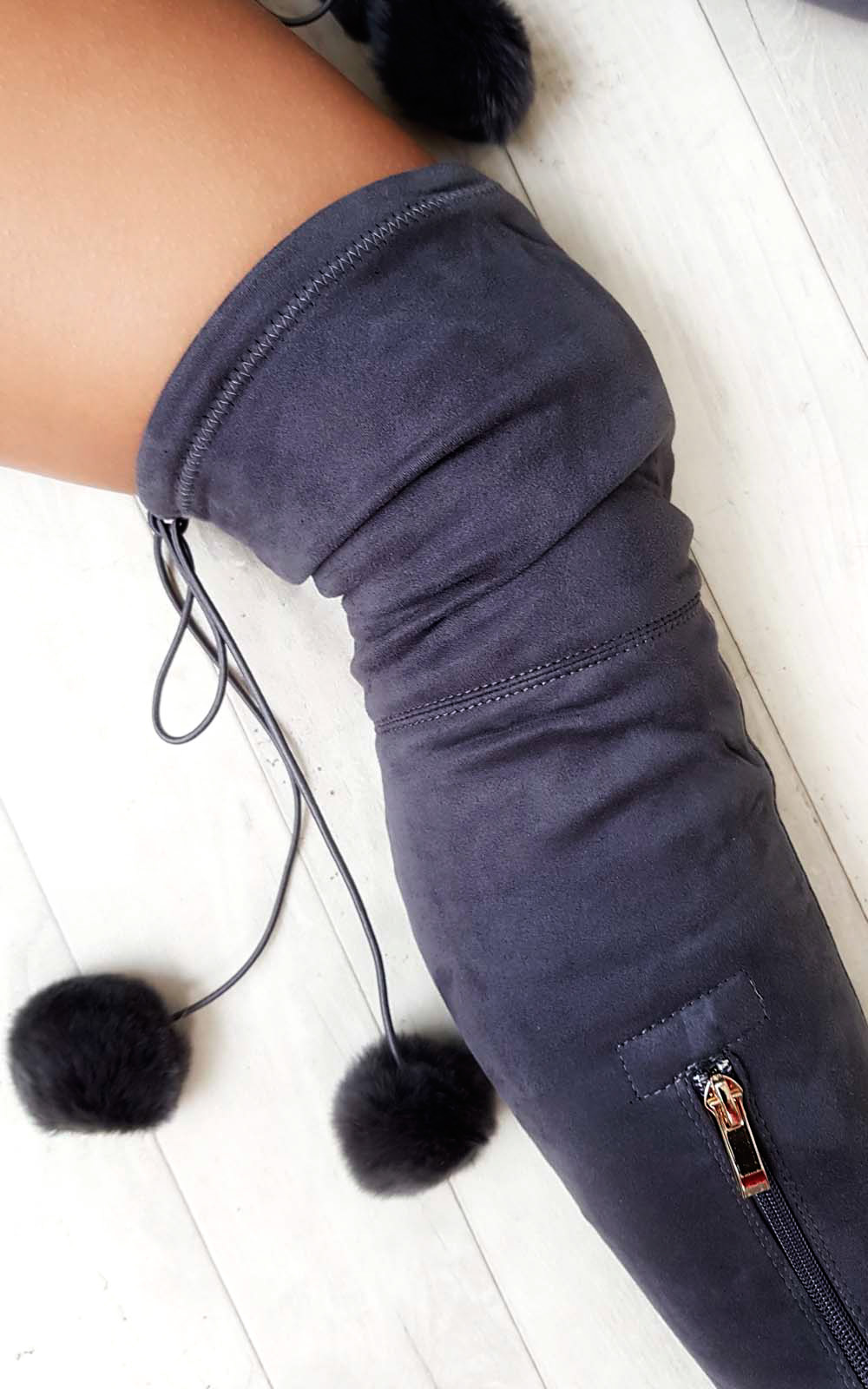 Poppy Pompom Faux Suede Knee High Boots  Thumbnail